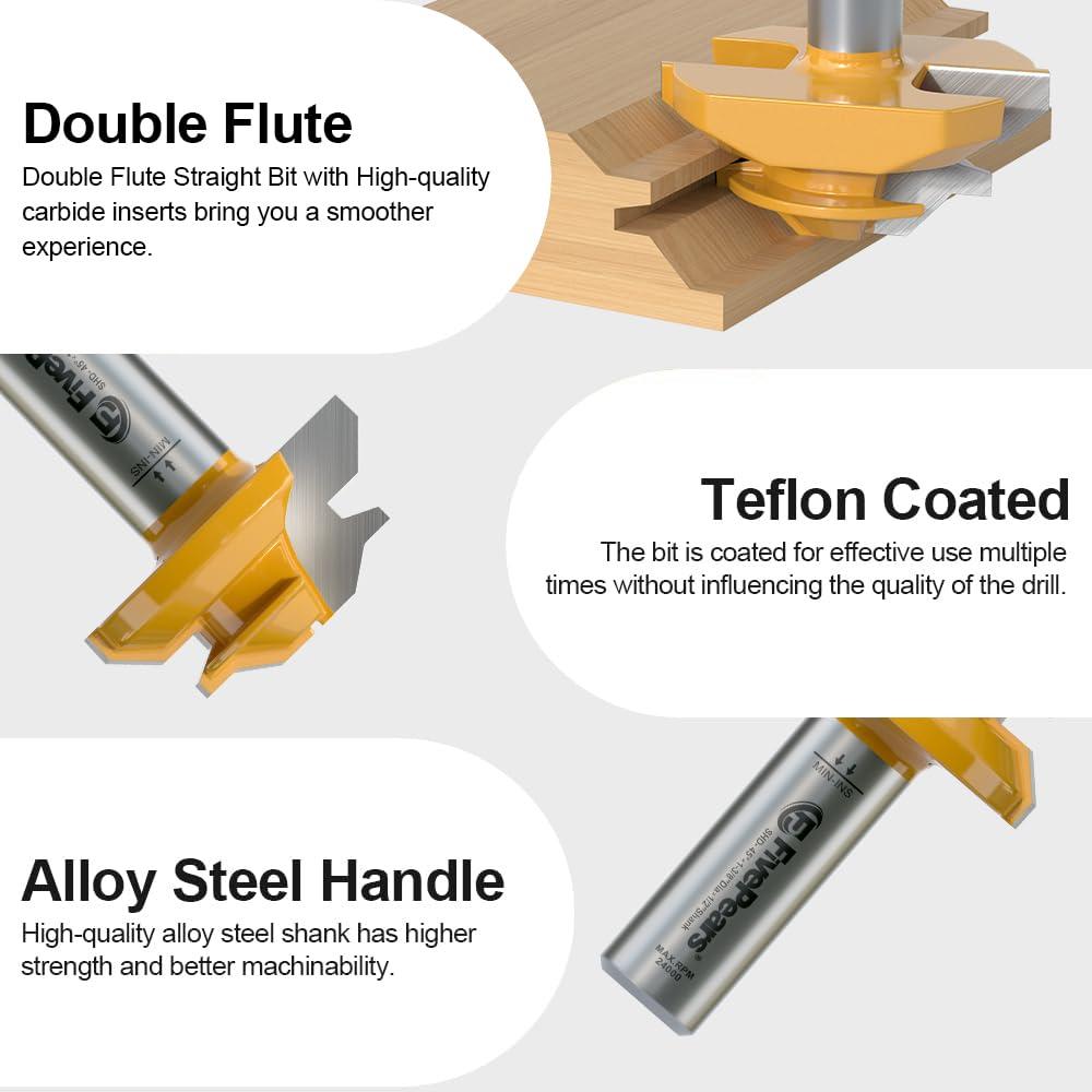 FivePears Router Bit 45° Cierre Miter 1/2" Vástago 3 Piezas