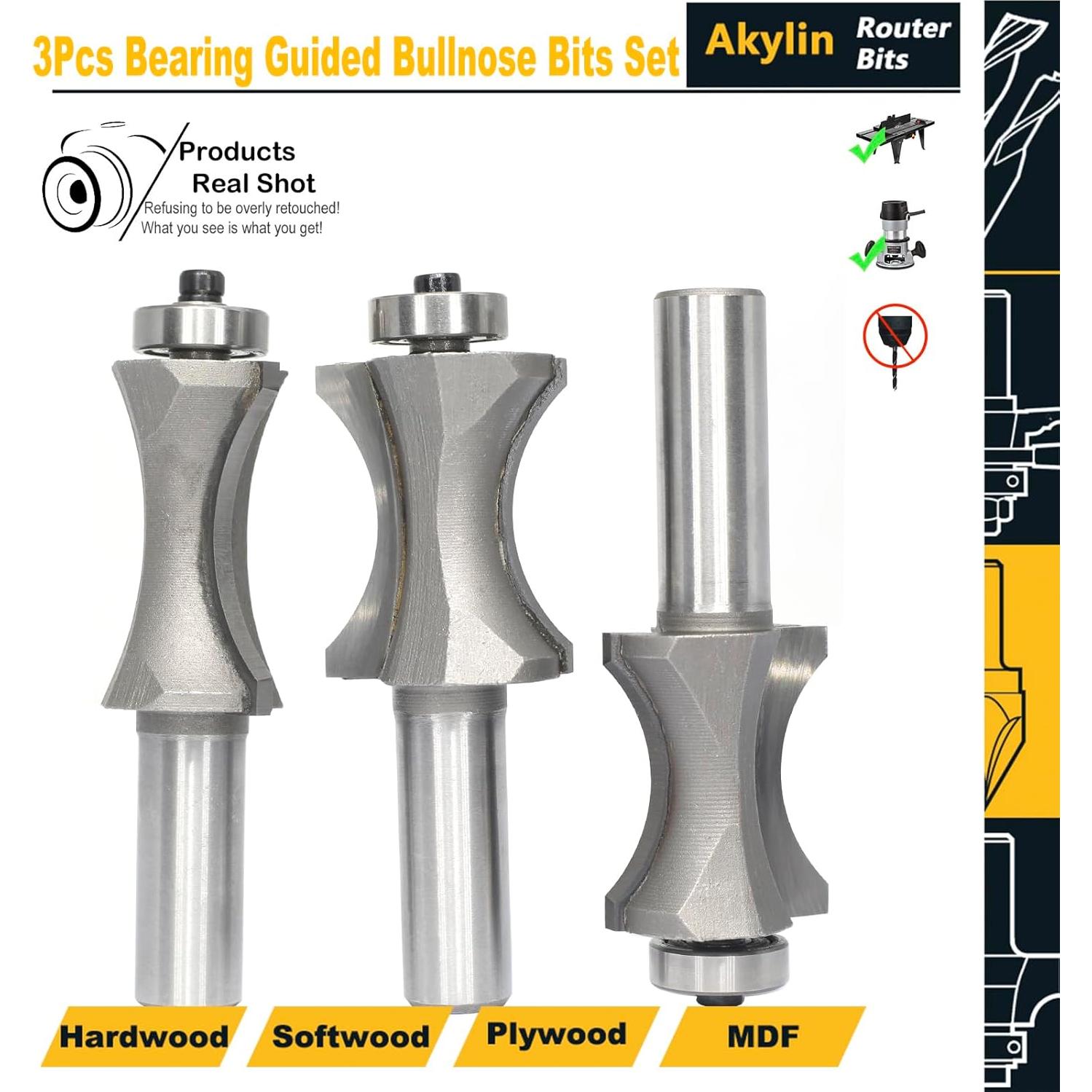 Juego de 3 Fresas de Bisel Convexo Ovalado Akylin 1,27cm