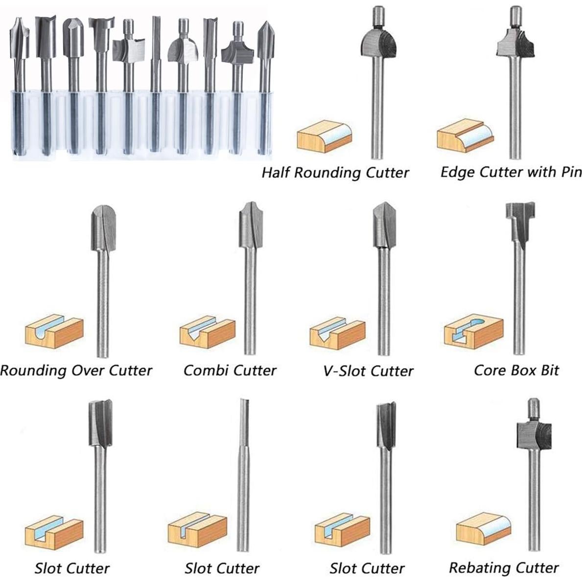 Juego de 10 Bits de Router HSS Wolfride 3mm Titanio