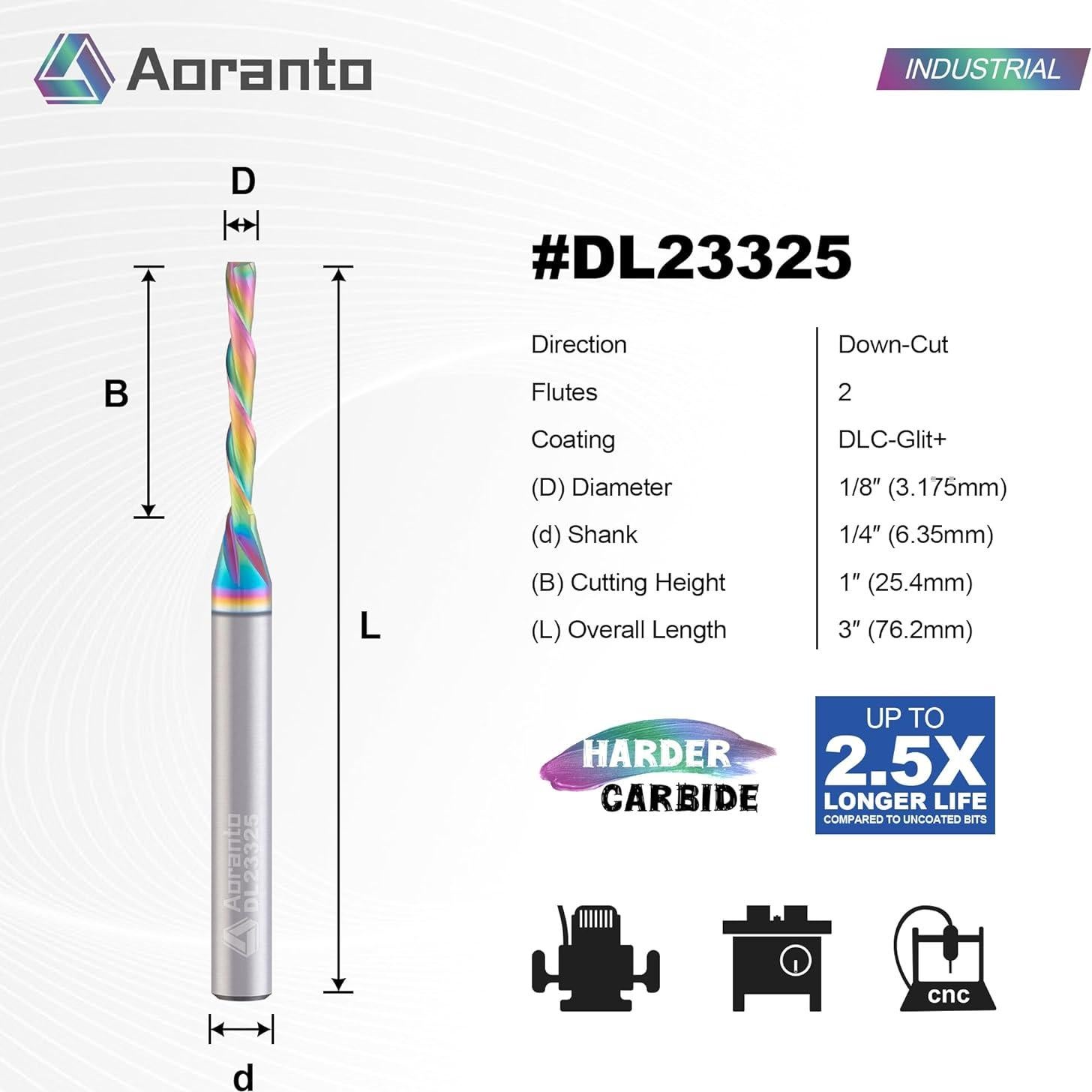 Fresa CNC Aoranto 1/8" Diámetro 1" Corte Descendente 2 Pz