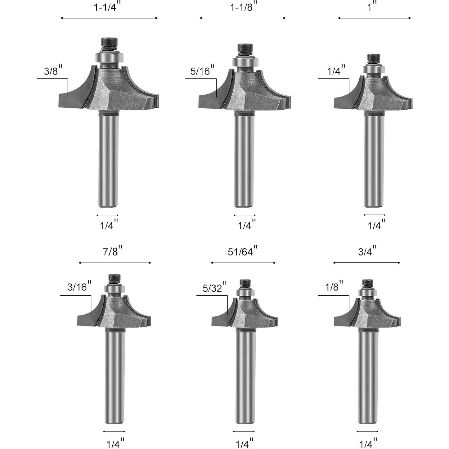 Juego de 6 Brocas Redondeadas para Router 1/4" Shank