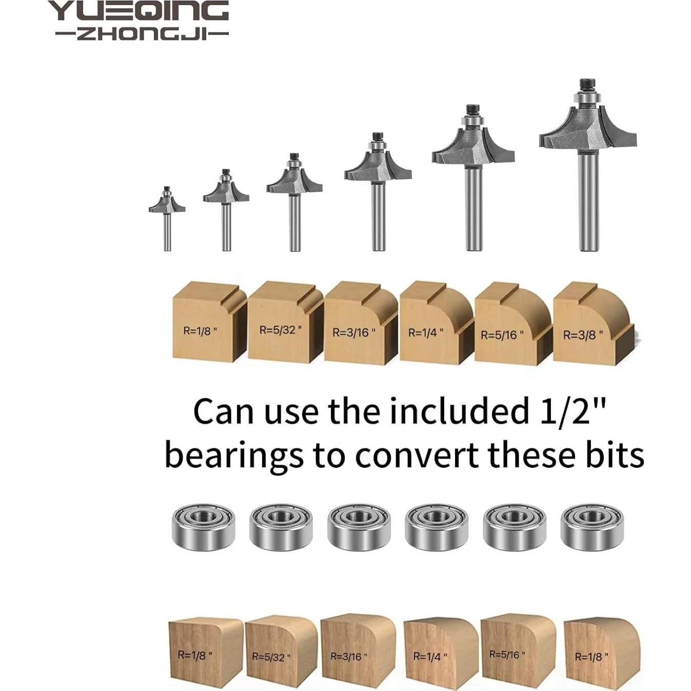Juego de 6 Brocas Redondeadas para Router 1/4" Shank