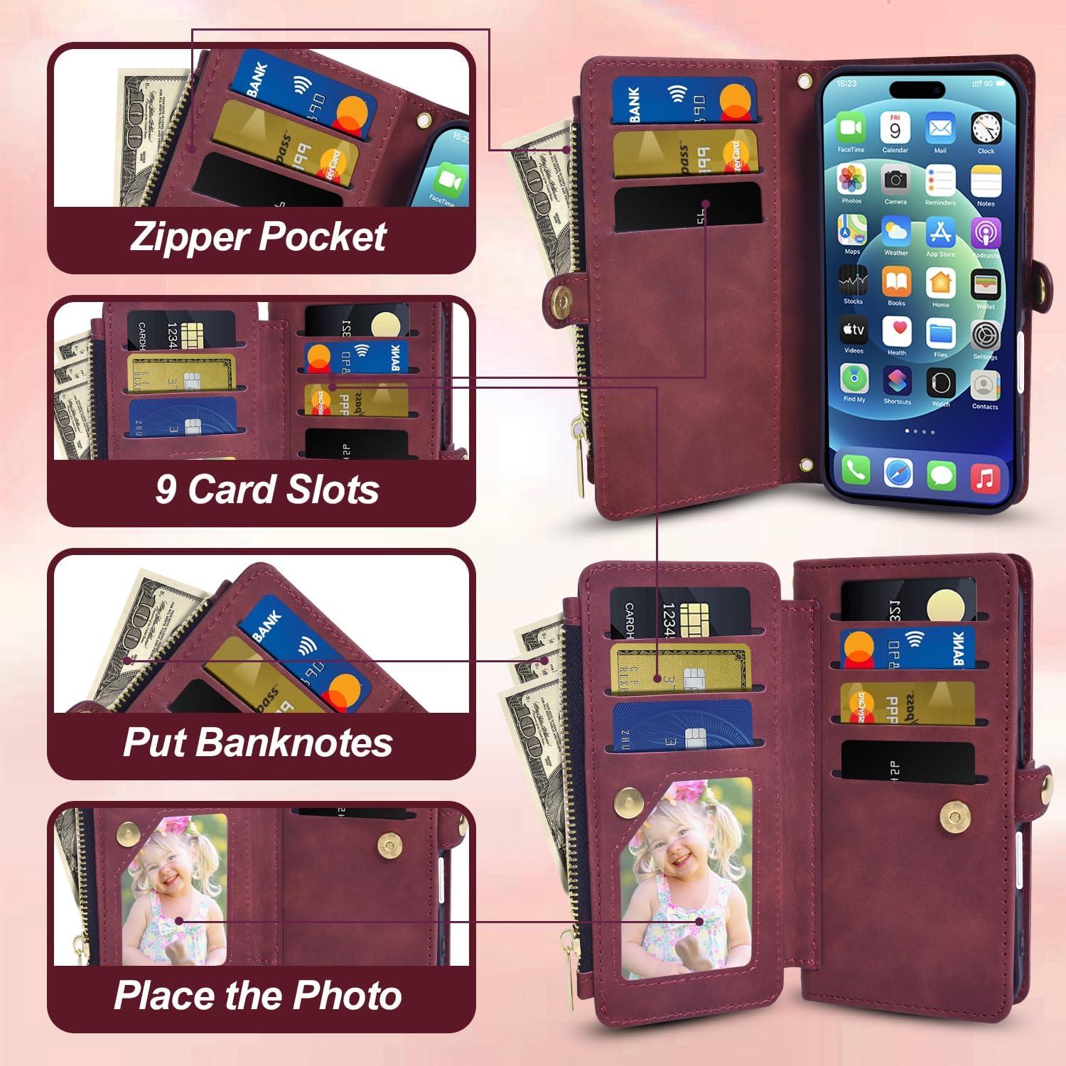 Funda Billetera OIMBWR para iPhone 16 Pro Max Rojo Vino
