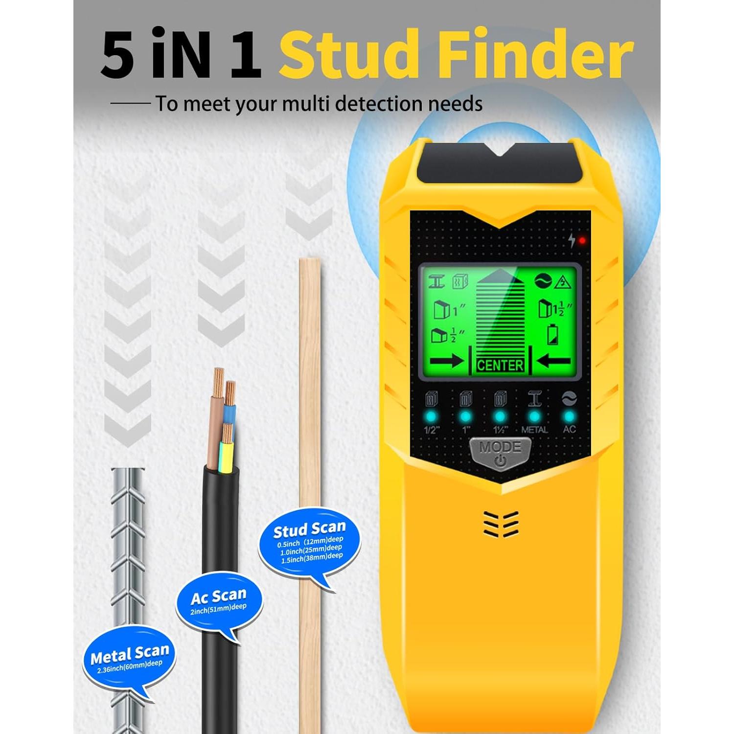 Stud Finder Wall Scanner - Upgrade 5 in 1 Electronic Stud Detector Wall Wood Metal Stud Sensor Pipe Joist Beam Finders Edge Center Finder with LCD Display and Audio Alarm for AC Wires Metal Wood Beams