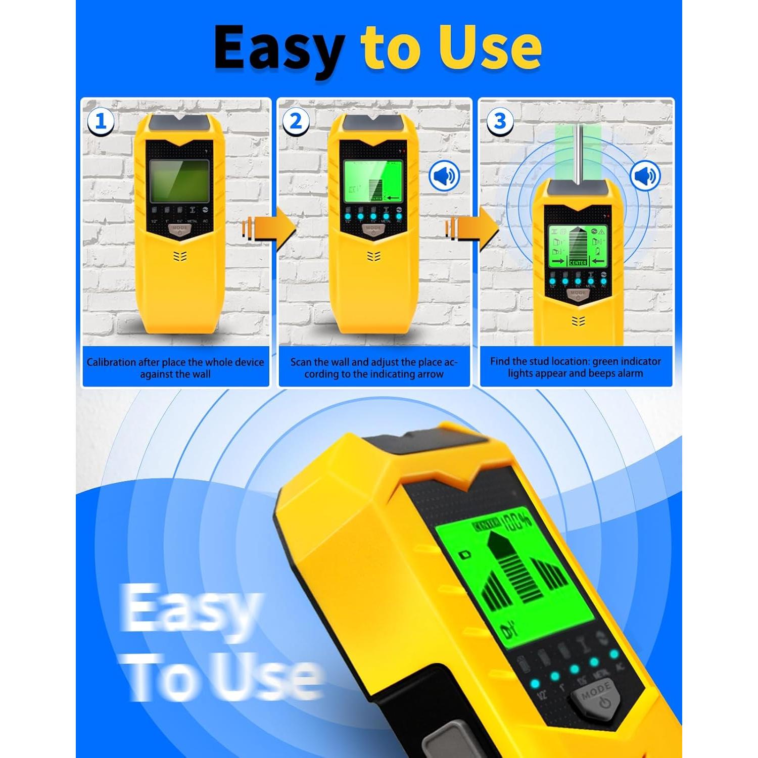 Stud Finder Wall Scanner - Upgrade 5 in 1 Electronic Stud Detector Wall Wood Metal Stud Sensor Pipe Joist Beam Finders Edge Center Finder with LCD Display and Audio Alarm for AC Wires Metal Wood Beams