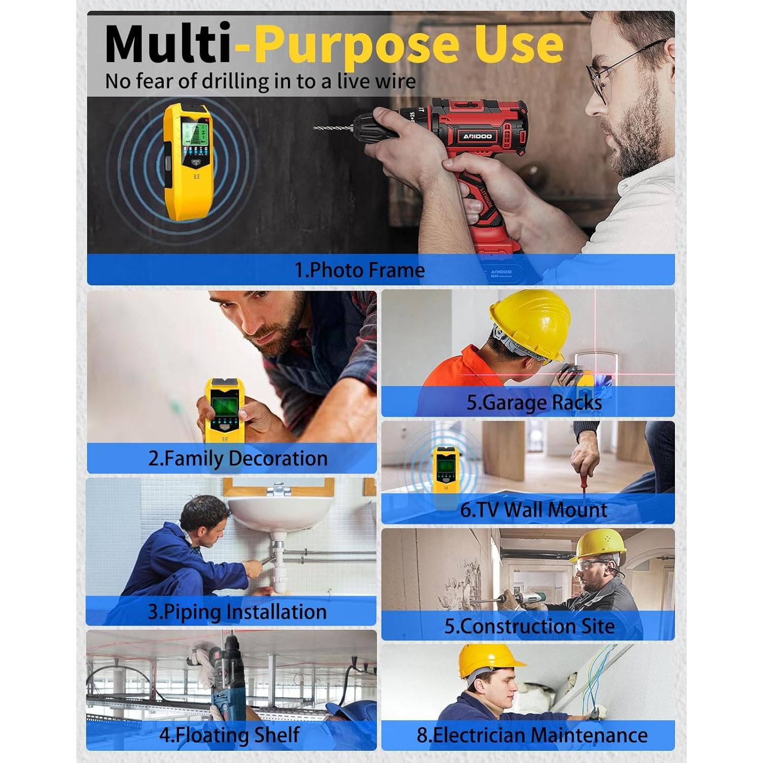 Stud Finder Wall Scanner - Upgrade 5 in 1 Electronic Stud Detector Wall Wood Metal Stud Sensor Pipe Joist Beam Finders Edge Center Finder with LCD Display and Audio Alarm for AC Wires Metal Wood Beams