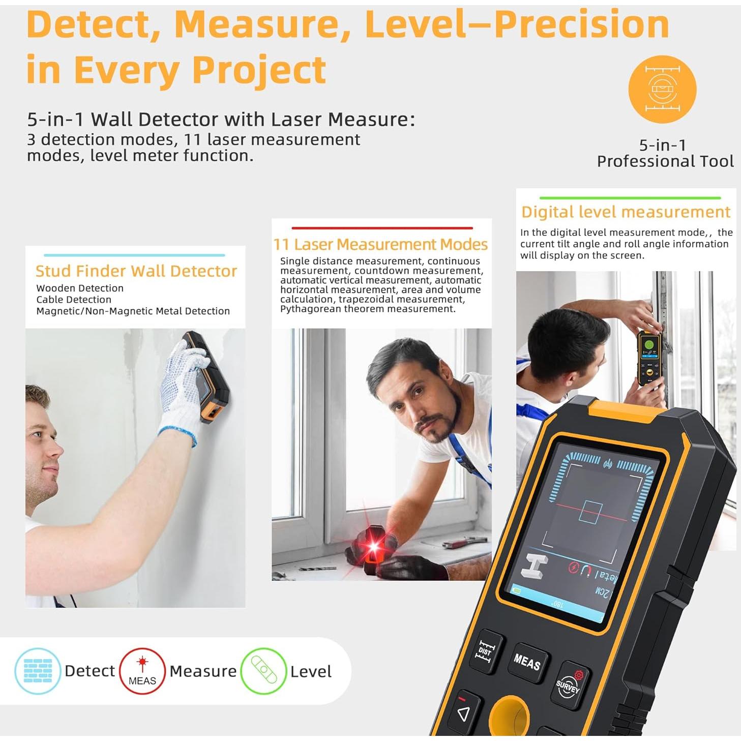 Detector de Pared 5-en-1 RAINLEOTI NF-513s con Medidor Láser