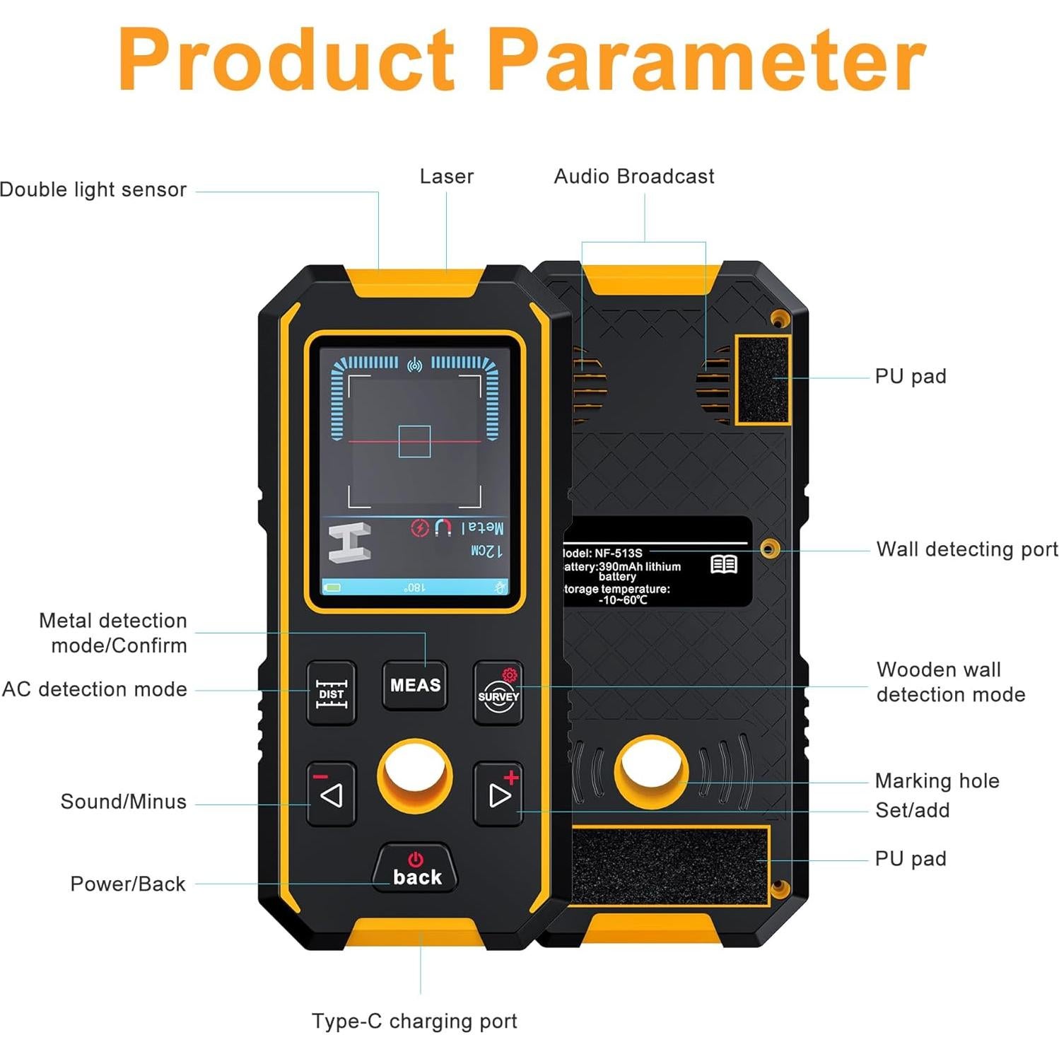 Detector de Pared 5-en-1 RAINLEOTI NF-513s con Medidor Láser