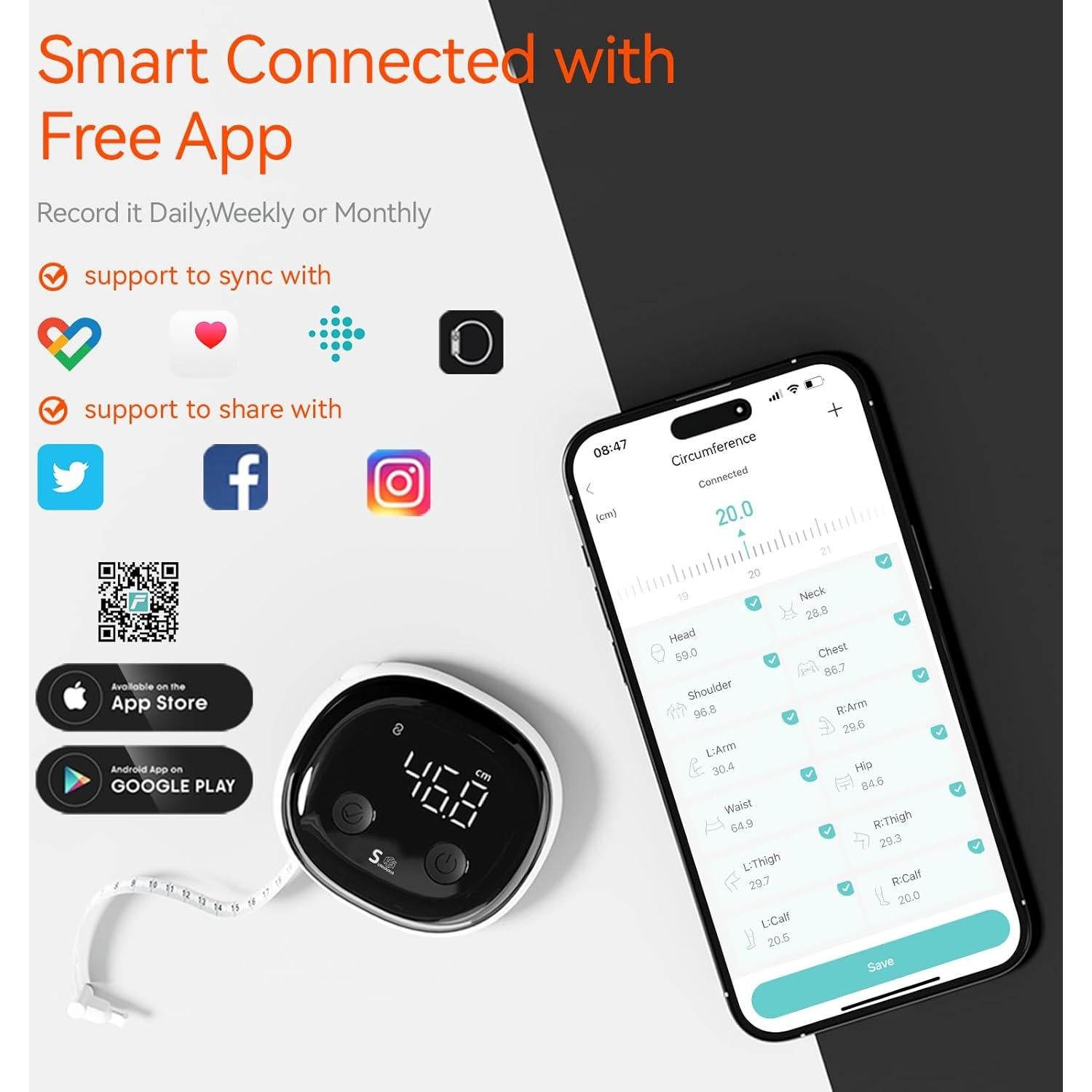 Cinta Métrica Corporal Inteligente Fitdays | Bluetooth HD