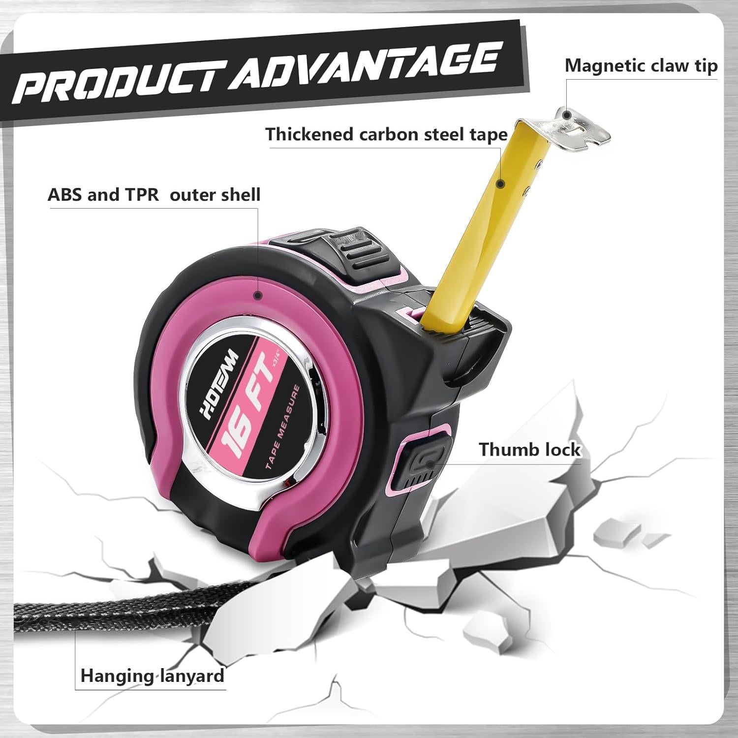 Cinta Métrica Hoteam 2 Pcs 4.88 m Rosa con Bloqueo