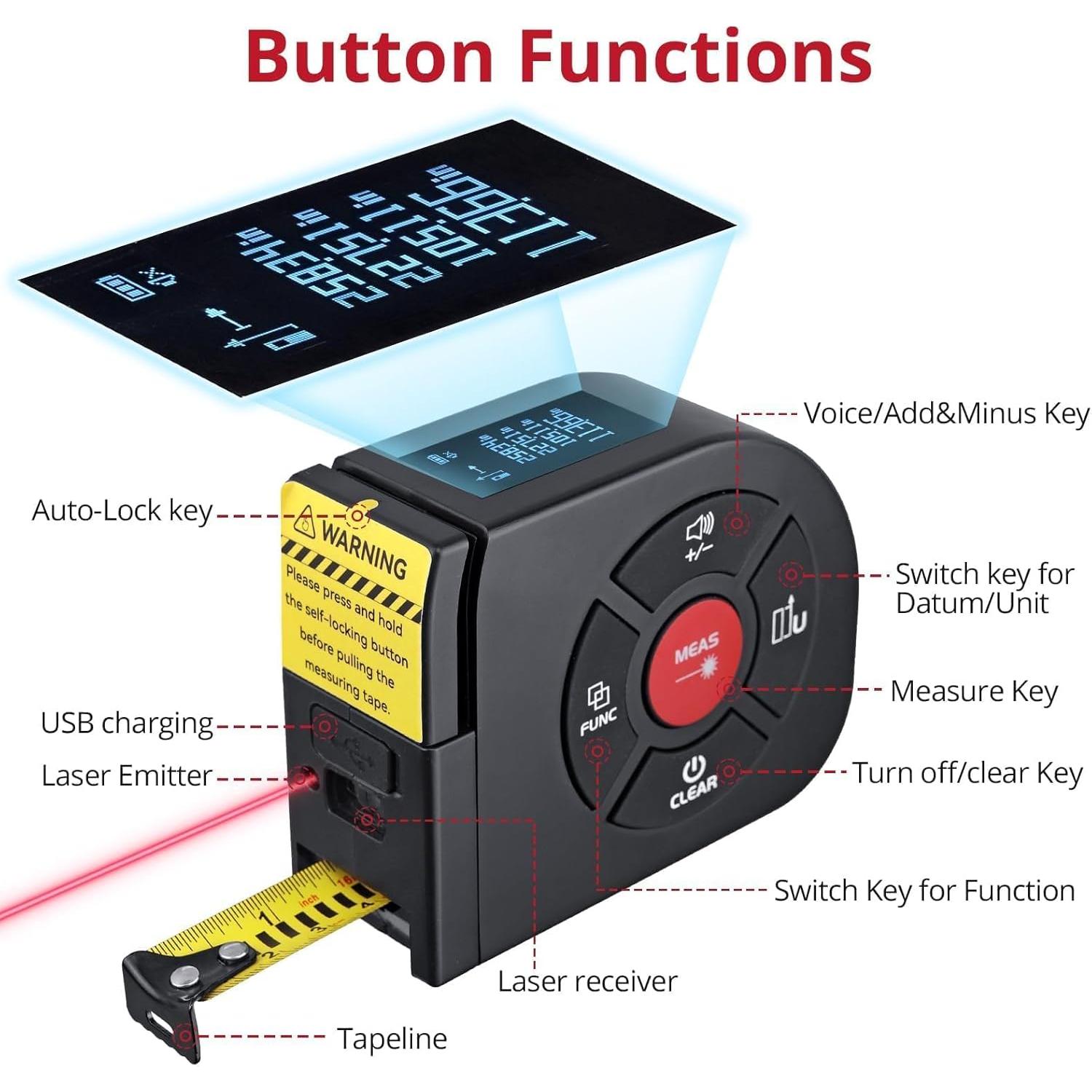 Cinta Métrica Láser BINTA 50m/5m Pantalla Digital USB-C
