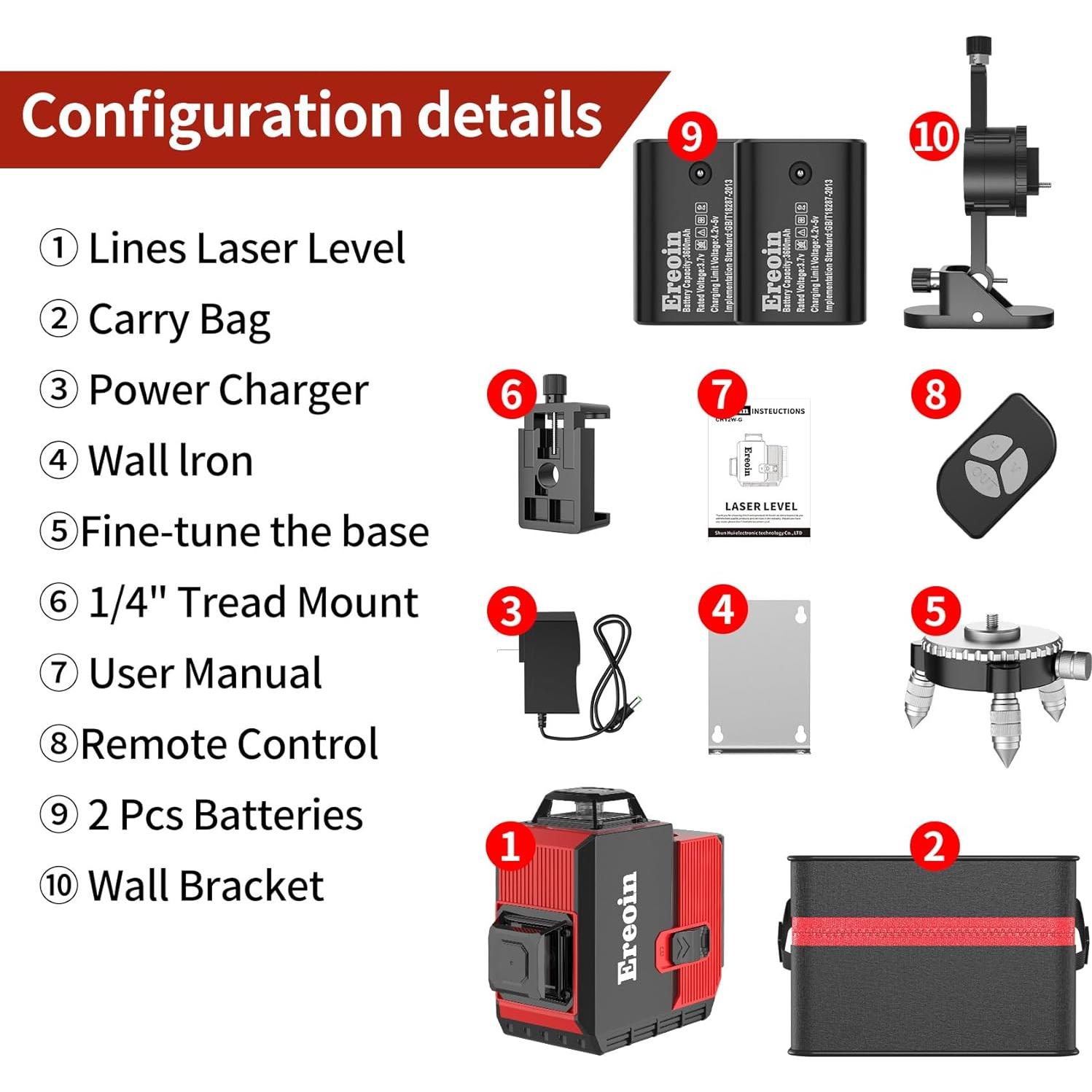 Nivel láser Ereoin 12 líneas 3x360° verde auto nivelante