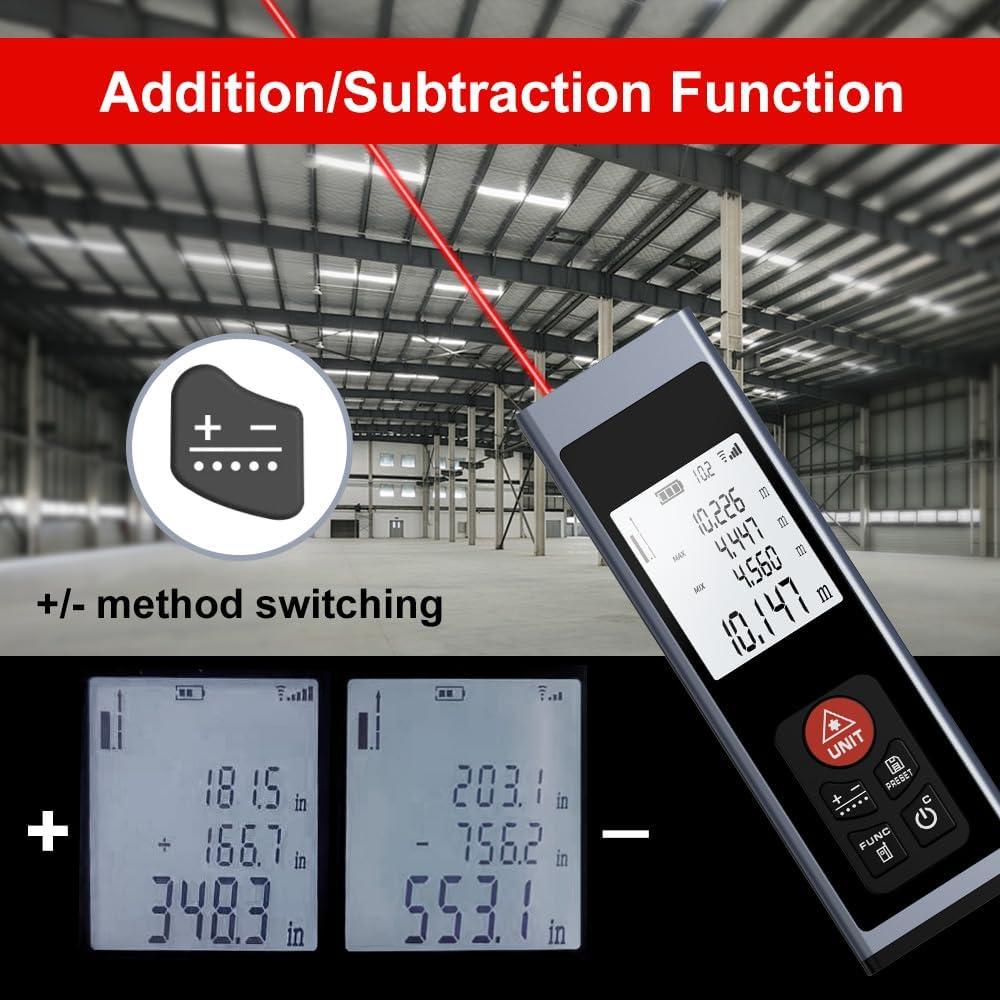 Laser Measuring Tool AquilaPro 197ft/328f t Range Laser Tape Measure ±0.078 Inch Accuracy Compact Laser Measuring Tape with USB Charging Laser Distance Measuring Tool Flexible Unit Switching m/in/ft