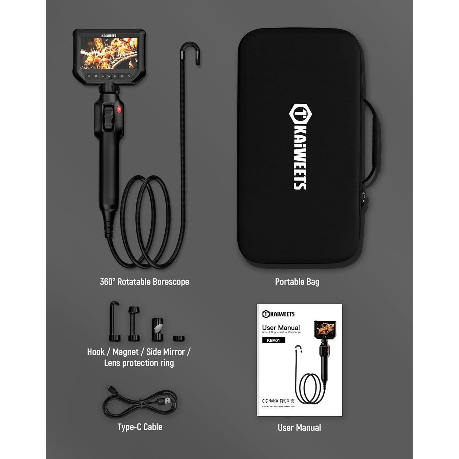 Borescopio Articulado KAIWEETS 1.52m con Luz LED