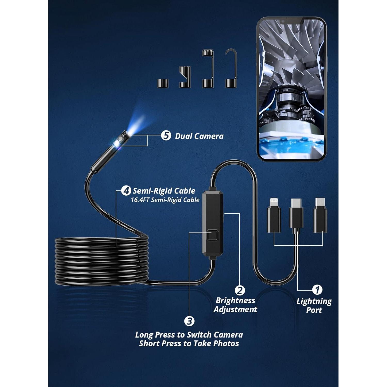 Cámara Endoscópica Acoath 1920P HD 5m Doble Lente IP67