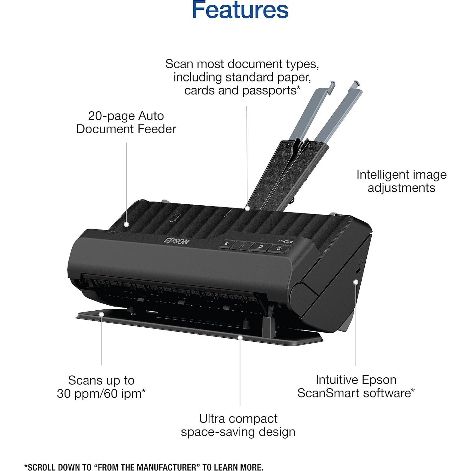 Escáner de Documentos Epson WorkForce ES-C220 ADF 20 Páginas