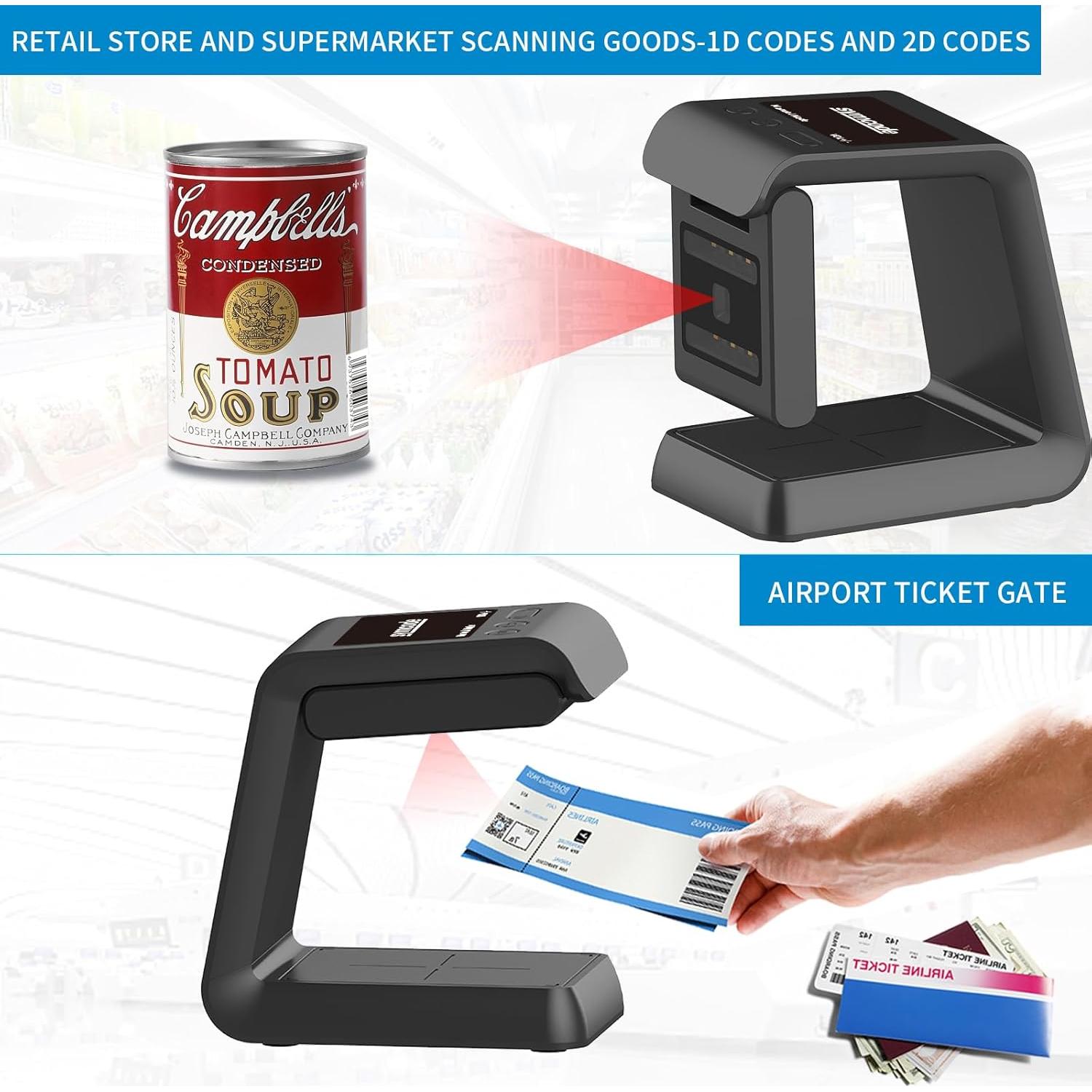 Symcode 1D 2D Hands-Free Barcode Scanner, with Omnidirectional Automatic Sensing Scanning Barcode Reader Adjustable Screen Scanning Platform Scanner for POS PC Supermarket Bookstore
