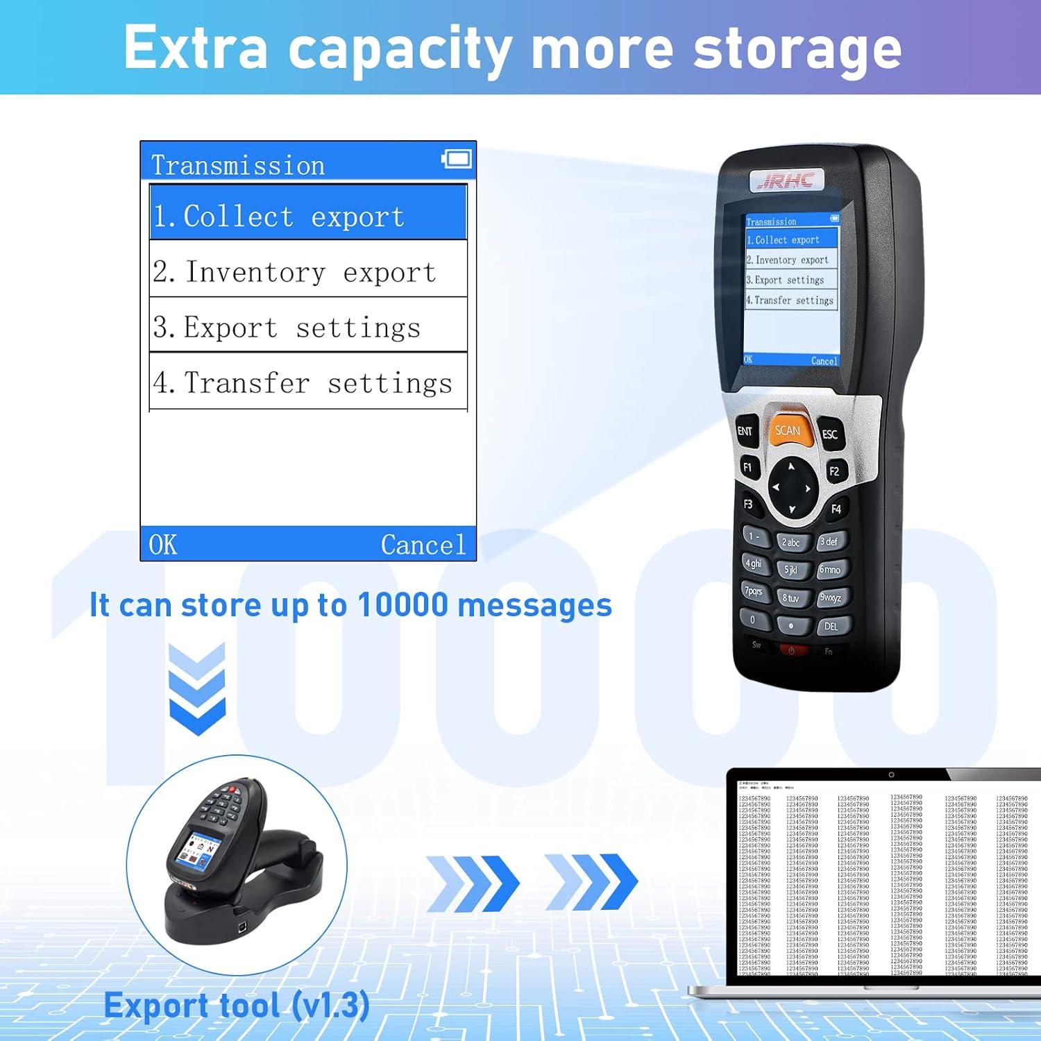 Wireless Barcode Scanner JRHC Inventory Scanner Collector Portable Data Terminal Inventory Device USB Barcode Scanner 1D PDT with 2.2 Inch TFT Color LCD Screen for Store, Supermarket, Warehouse