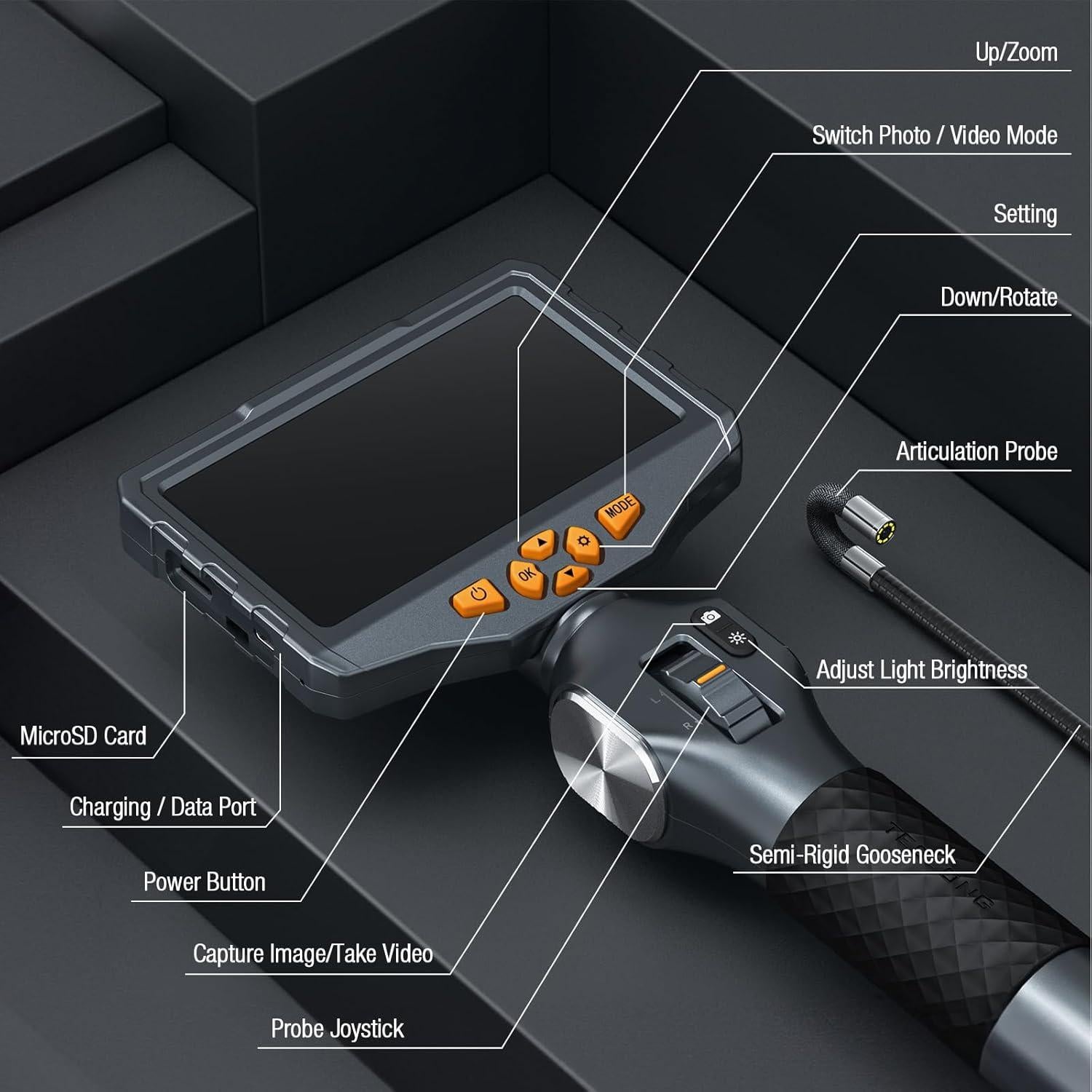 Borescopio Articulado Teslong TD500 con Luz y Pantalla 12,7 cm