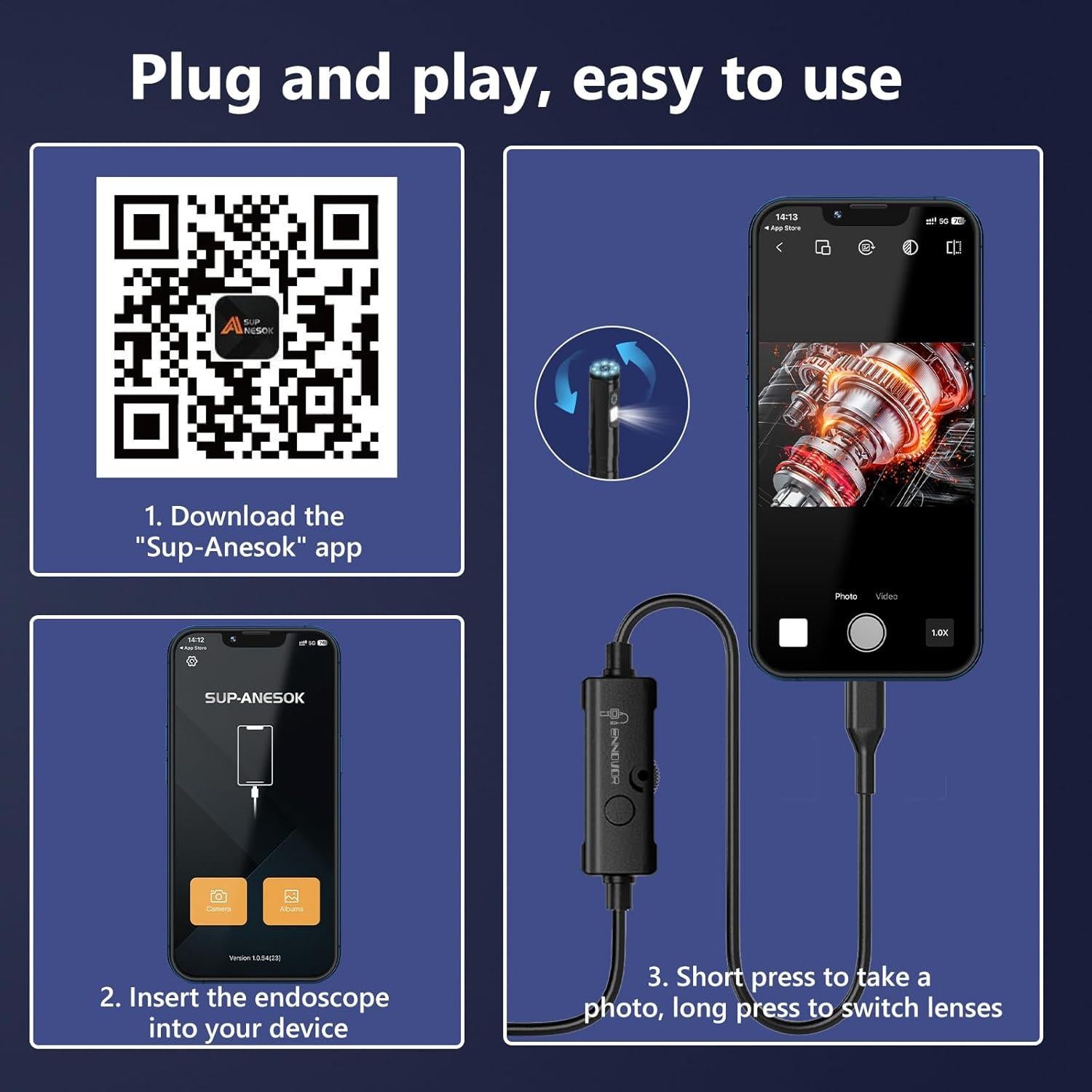 Cámara Endoscópica Ennovor Doble Lente 1920P 5m IP67