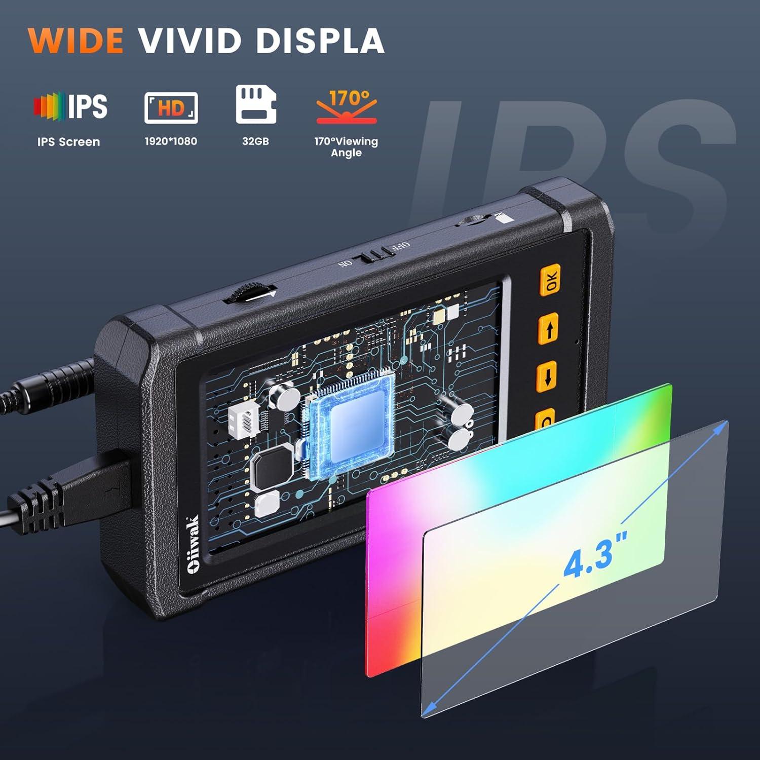 Cámara Endoscópica Oiiwak 50ft 1080P con Luz y Pantalla 4.3"