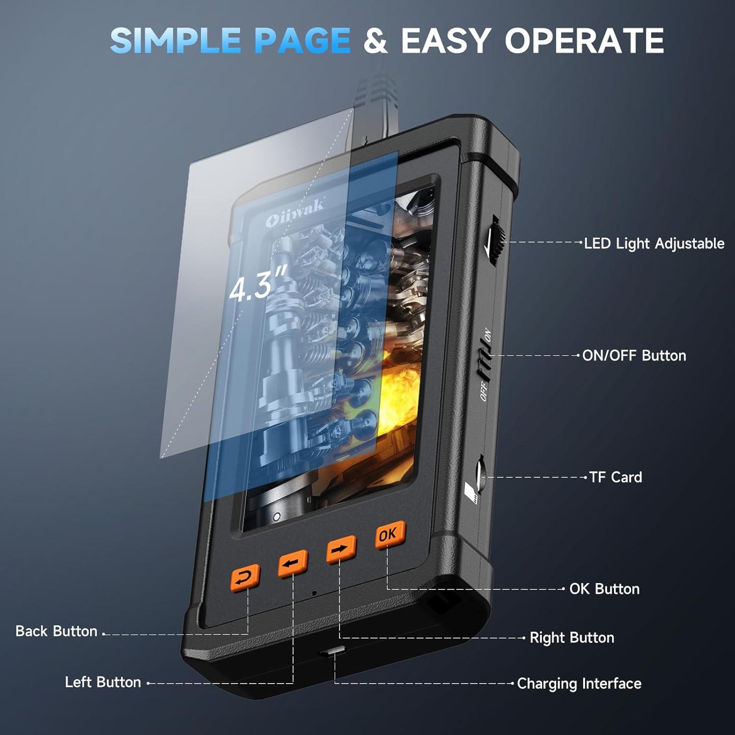 Cámara Endoscópica Oiiwak 50ft 1080P con Luz y Pantalla 4.3"