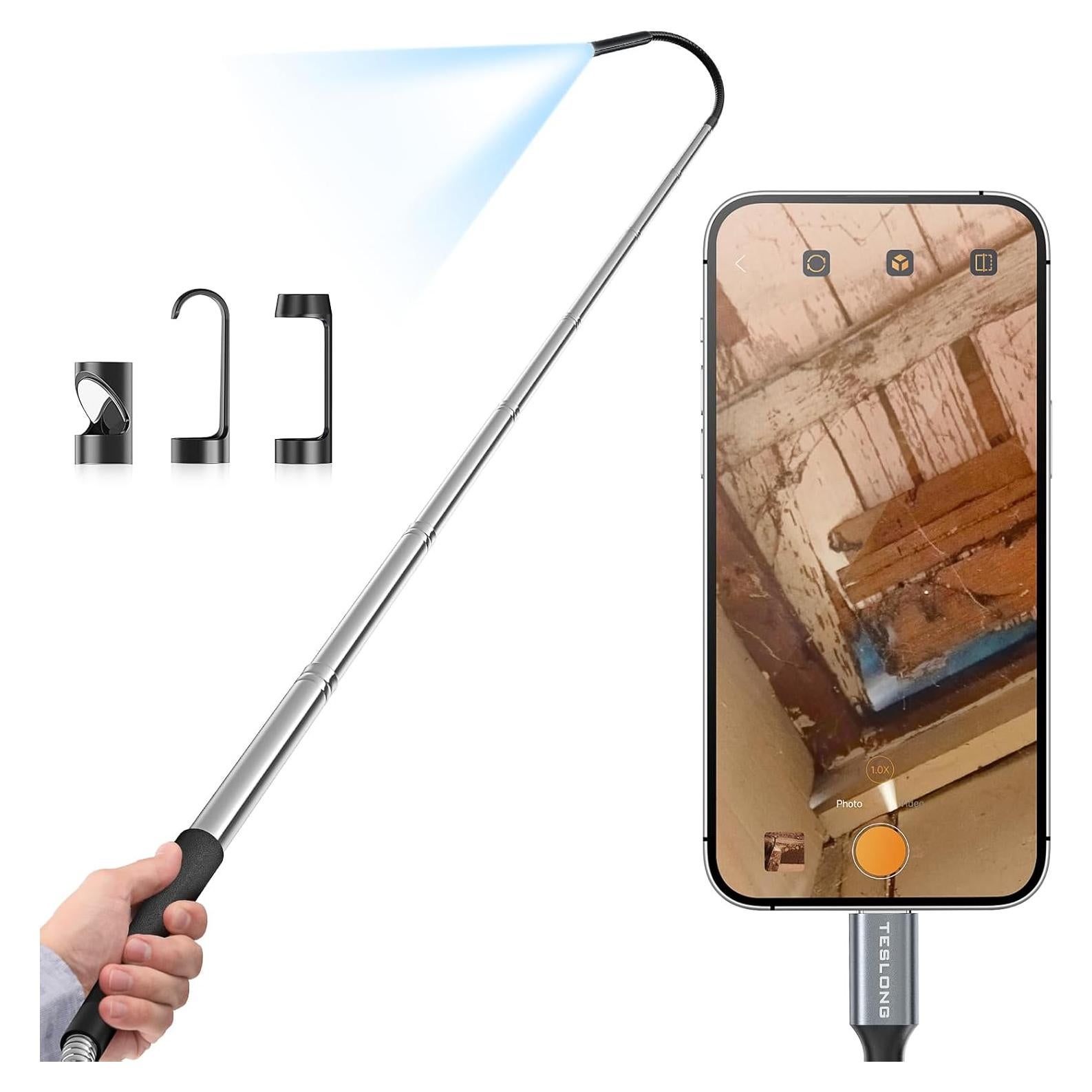 Teslong Telescopic Camera with Light, USB-C Borescope with 5FT Telescopic Pole, for HVAC Systems, Wall, Chimney, Automotive and Pipe Inspections, Compatible with iPhone 15/16 and Android