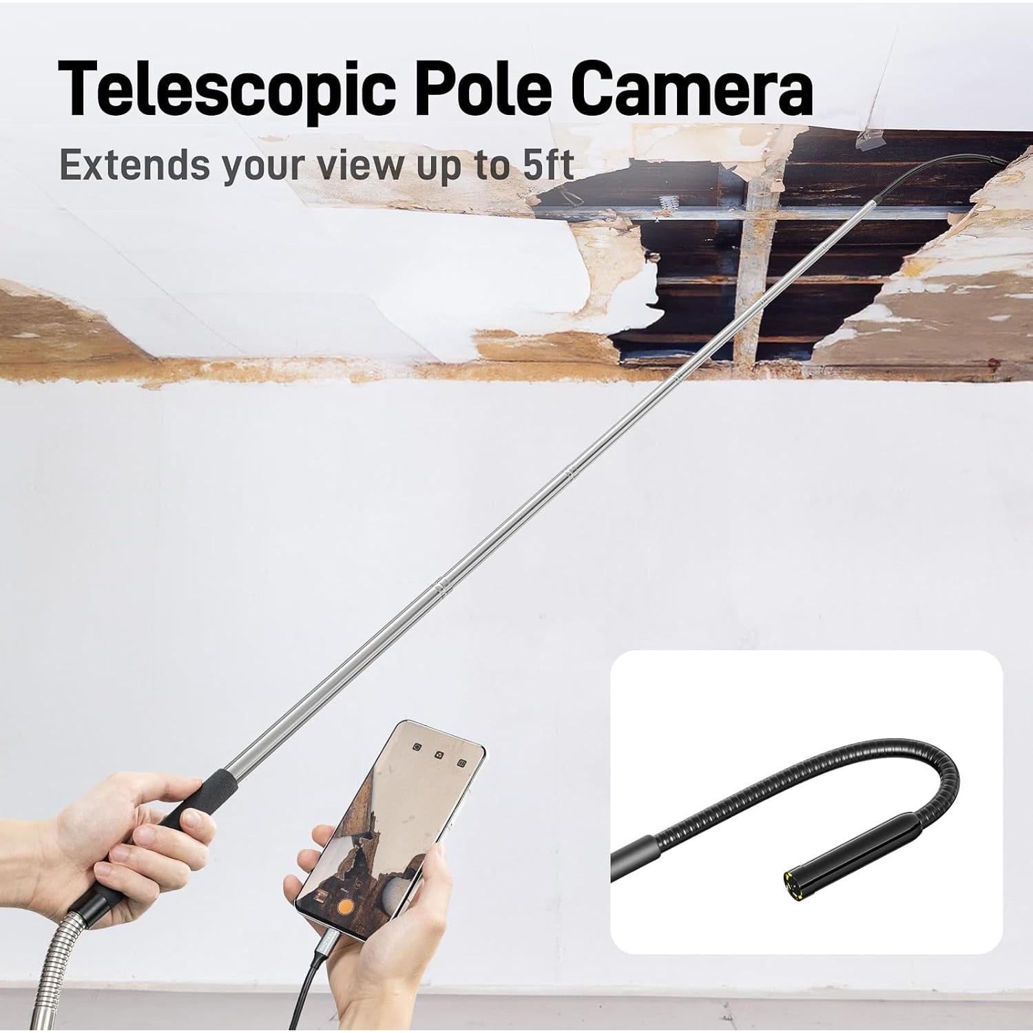 Teslong Telescopic Camera with Light, USB-C Borescope with 5FT Telescopic Pole, for HVAC Systems, Wall, Chimney, Automotive and Pipe Inspections, Compatible with iPhone 15/16 and Android