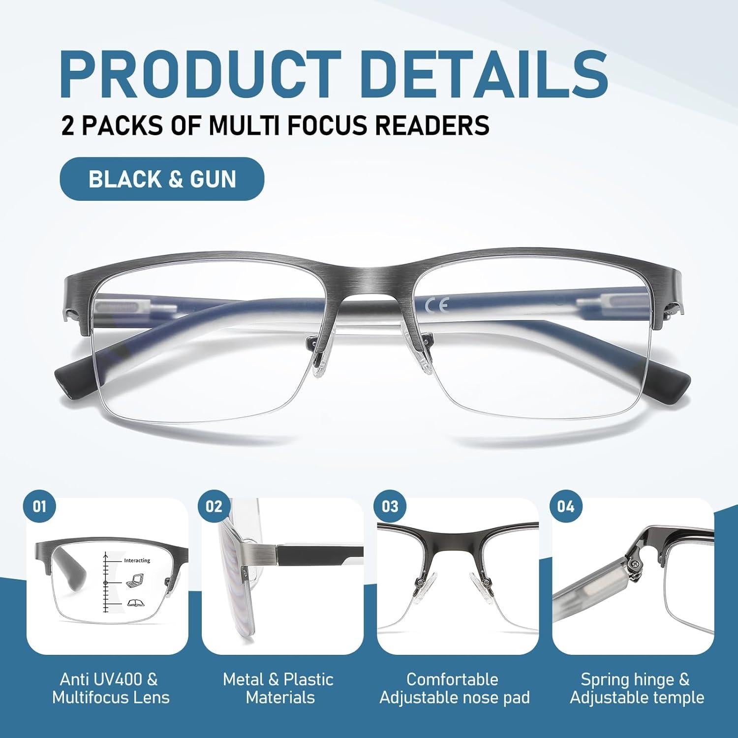 Gafas de lectura multifocales LKEYE con luz azul y marco metal