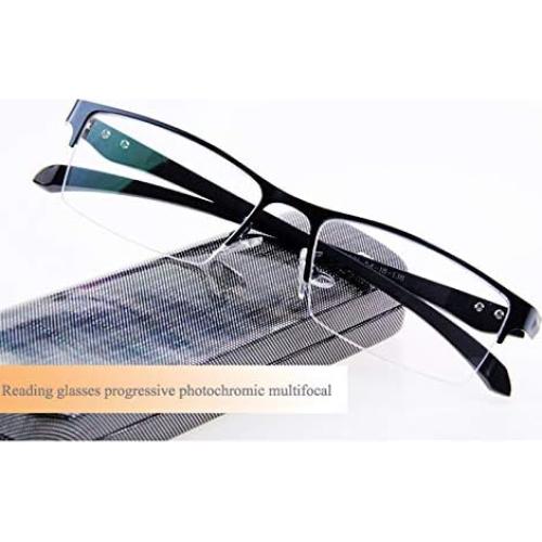 Photochromic Reading Sunglasses Progressive Multifocal Reading Glasses, Men's Browline Half-Rim Frame, Black