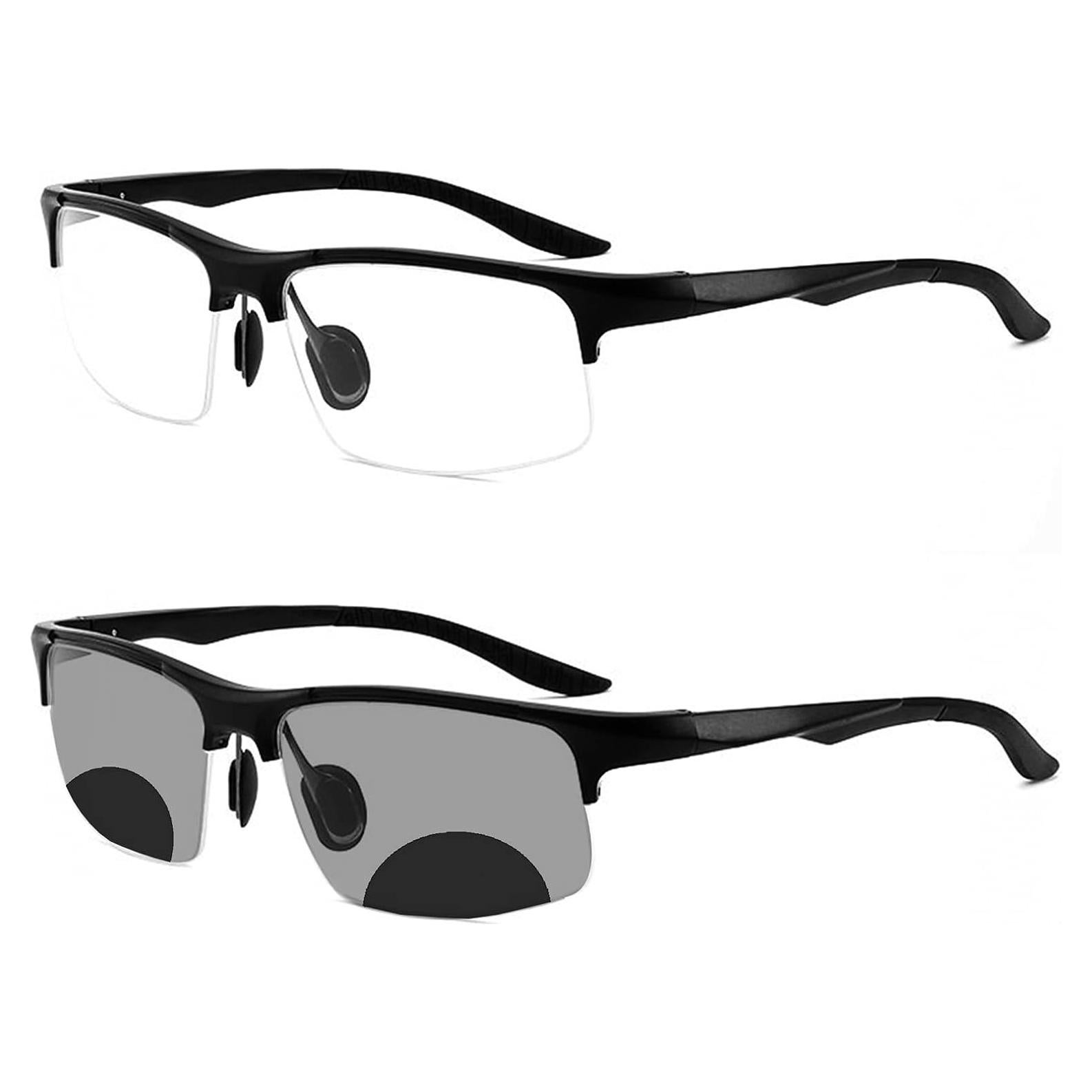 Aluminum Magnesium Transition Photochromic Bifocal Reading Glasses for Mens, Square Sports Sunglasses Readers 0~+4.00