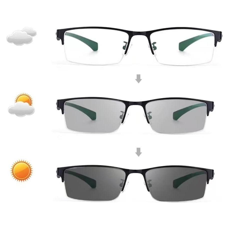 Photochromic Reading Glasses Men Half Frame Sunglasses Progressive Multifocus Readers +2.0 Rectangle Black