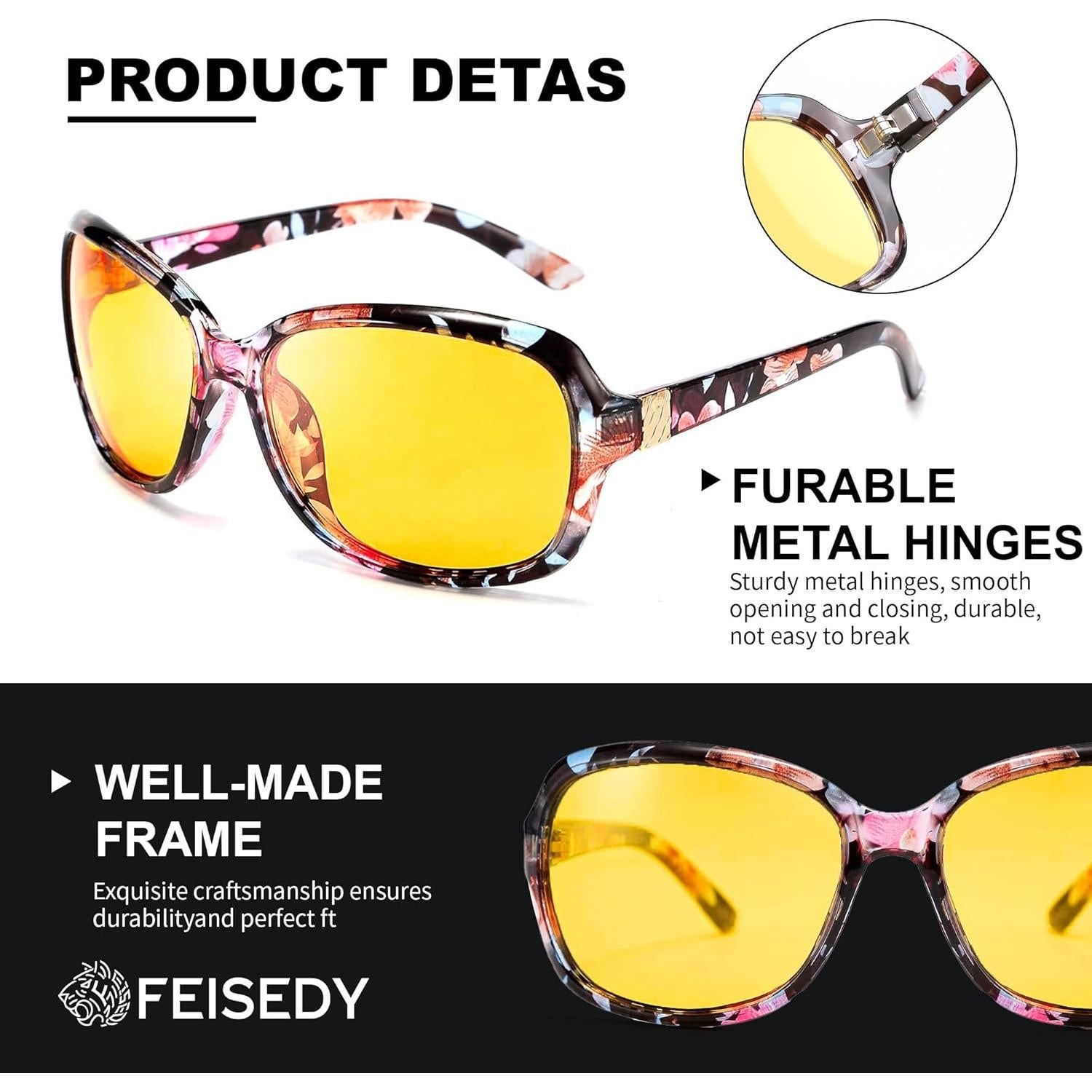 Gafas Nocturnas FEISEDY Amarillas para Mujeres Anti Deslumbramiento