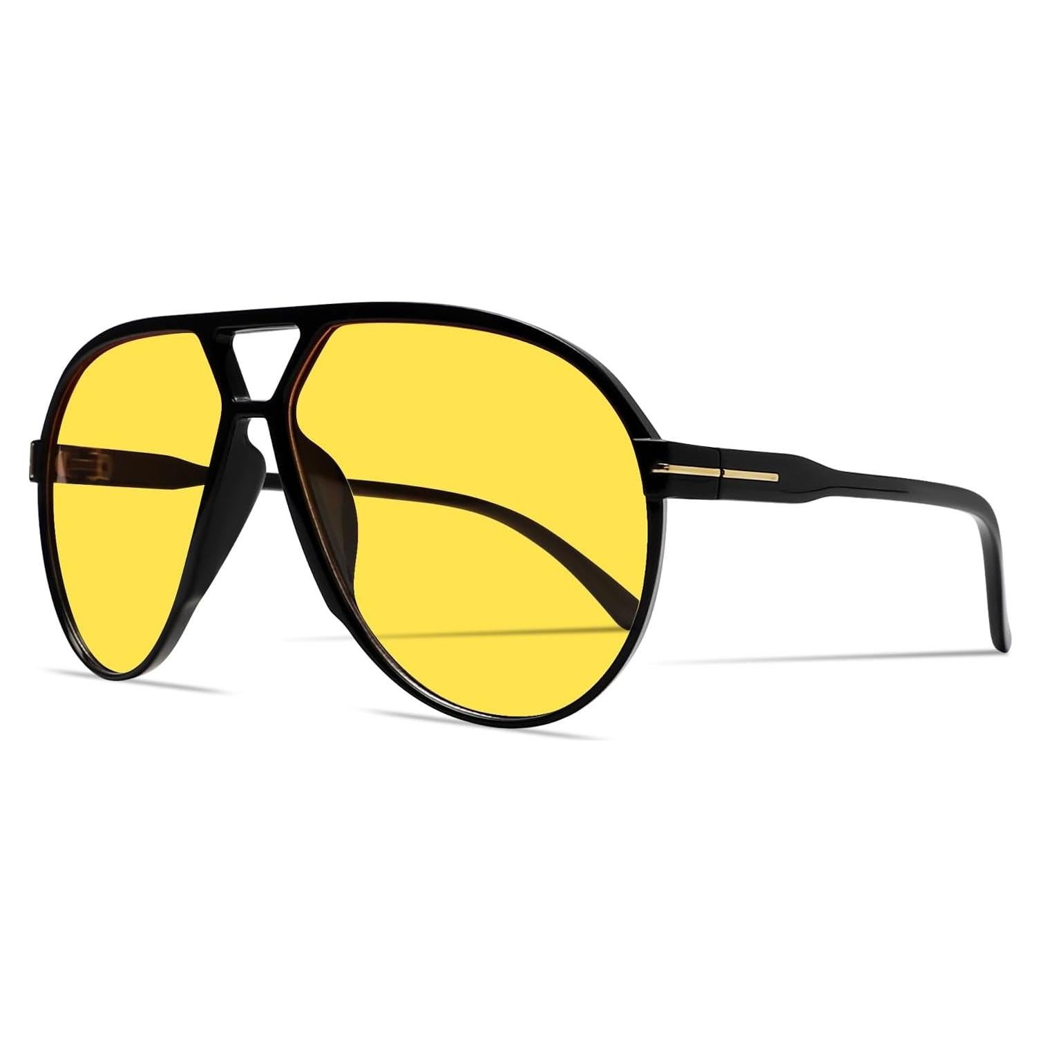 Gafas de sol aviador GUVIVI retro 130mm marco negro lente amarilla