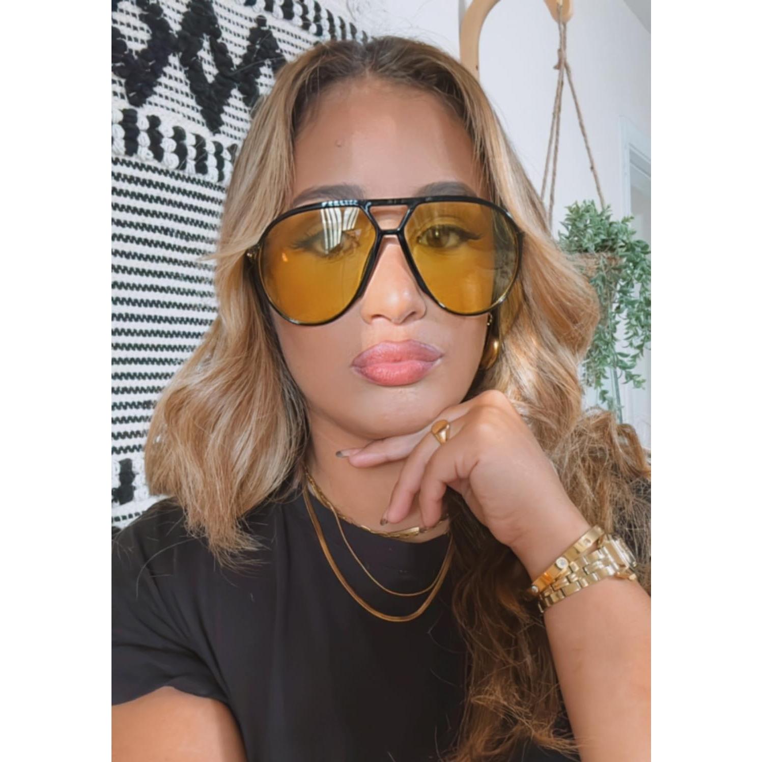 Gafas de sol aviador GUVIVI retro 130mm marco negro lente amarilla