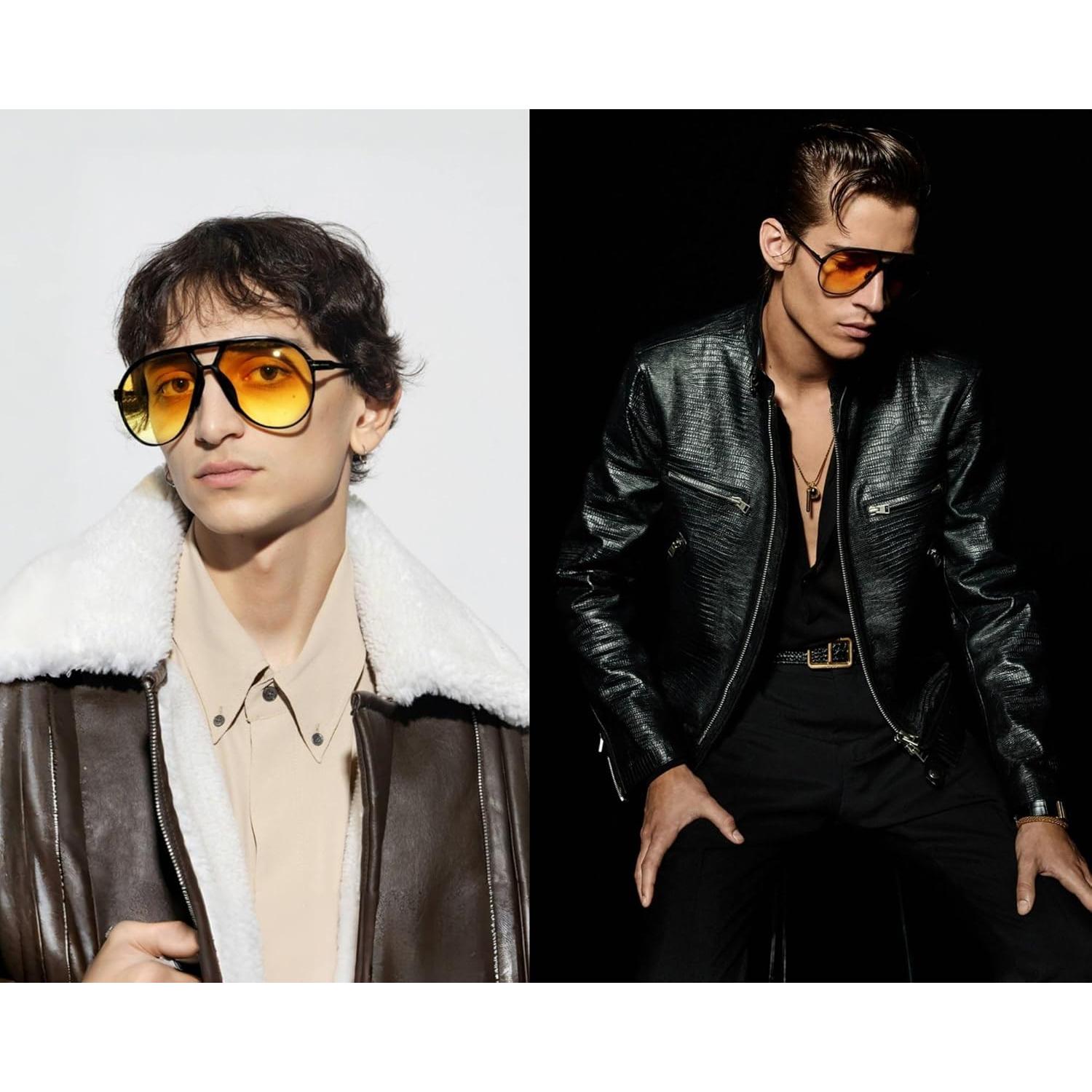 Gafas de sol aviador GUVIVI retro 130mm marco negro lente amarilla