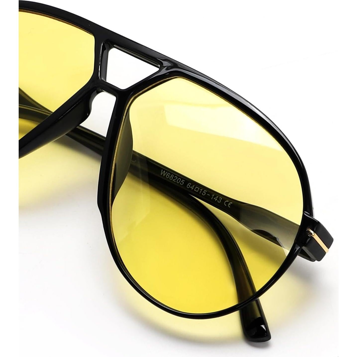 Gafas de sol aviador GUVIVI retro 130mm marco negro lente amarilla