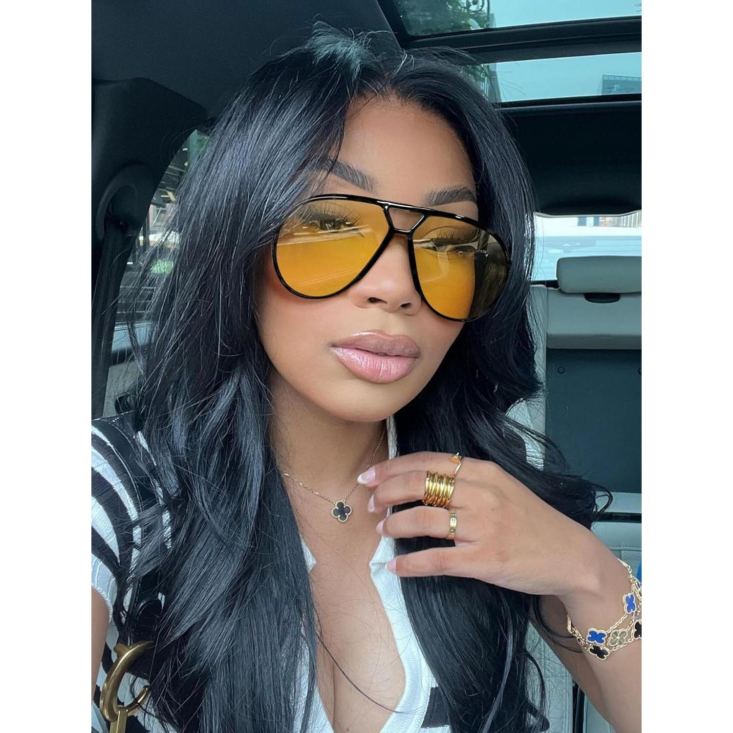 Gafas de sol aviador GUVIVI retro 130mm marco negro lente amarilla