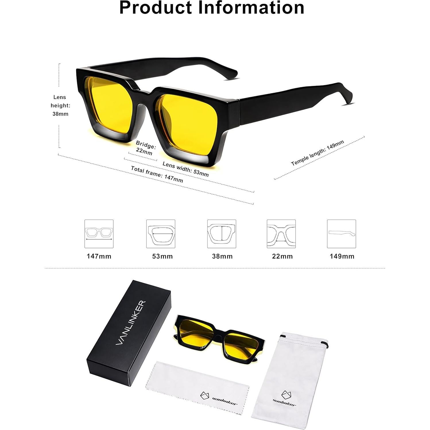 Gafas de Sol Vanlinker UV400 Cuadradas Gruesas Unisex