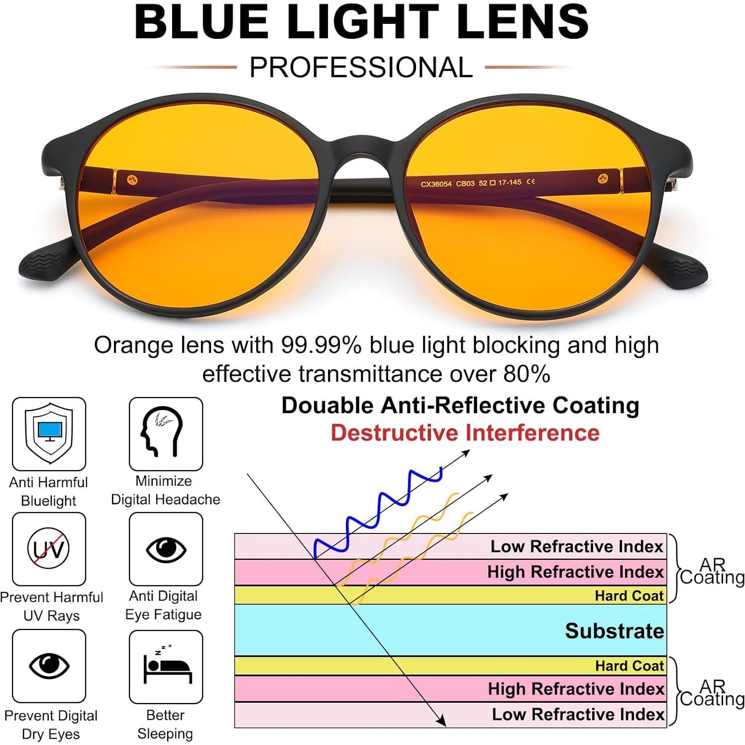 Gafas LIKSMU Bloqueo Luz Azul 99.99% Lente Naranja