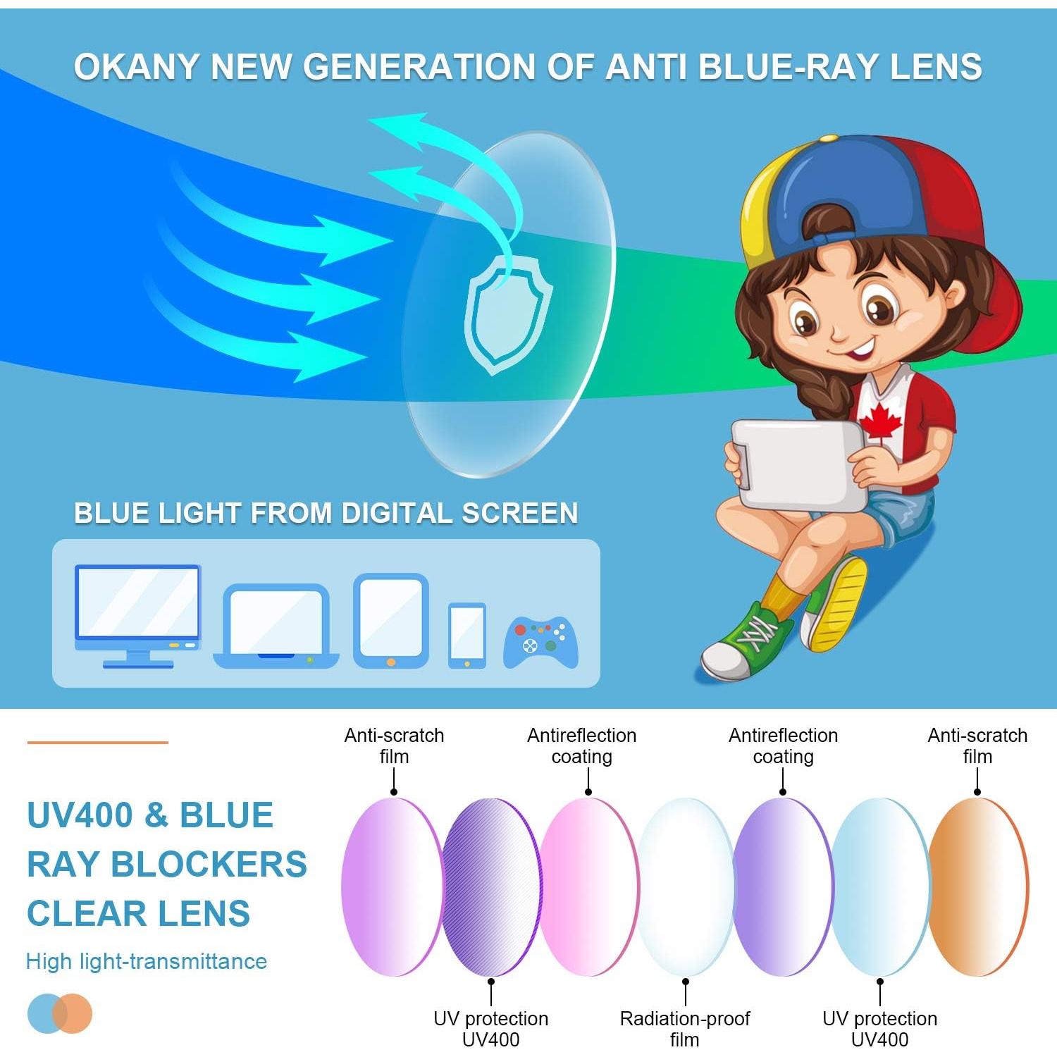 Gafas de luz azul Okany para niños 3 paquetes anti-fatiga