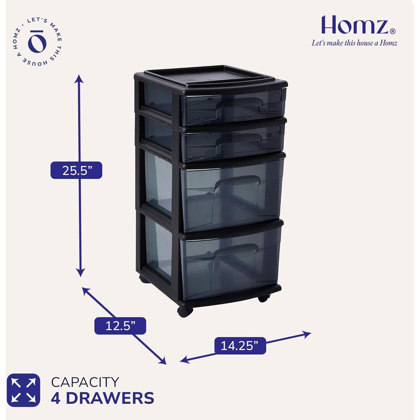 Carro Organizador HOMZ 4 Cajones Plástico Negro 3.37 kg