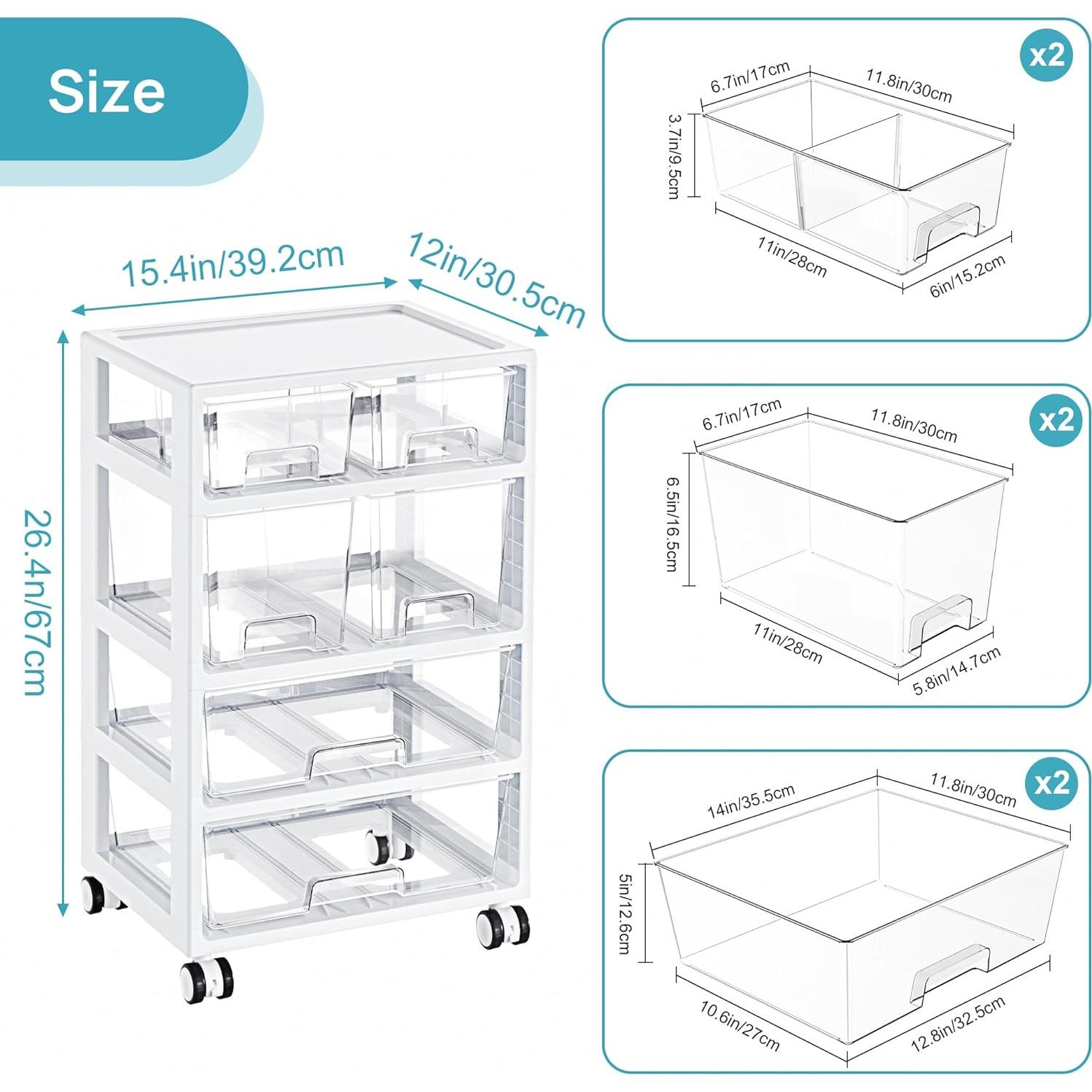 Vtopmart Plastic Drawer Storage Orangizer, 4 Tier 6 Drawers with Wheels for Office Supplies, Art Crafts, Under Desk Storage for Office, Bathroom, Dresser, 1 Pack/Clear