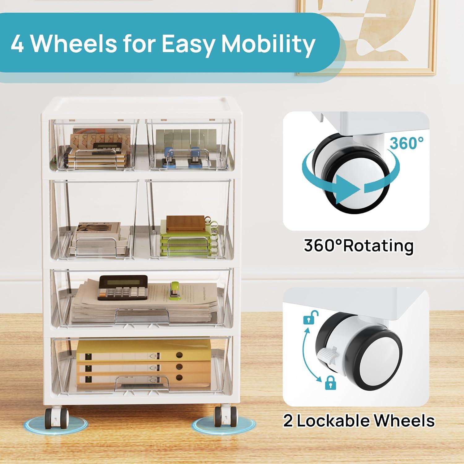 Vtopmart Plastic Drawer Storage Orangizer, 4 Tier 6 Drawers with Wheels for Office Supplies, Art Crafts, Under Desk Storage for Office, Bathroom, Dresser, 1 Pack/Clear