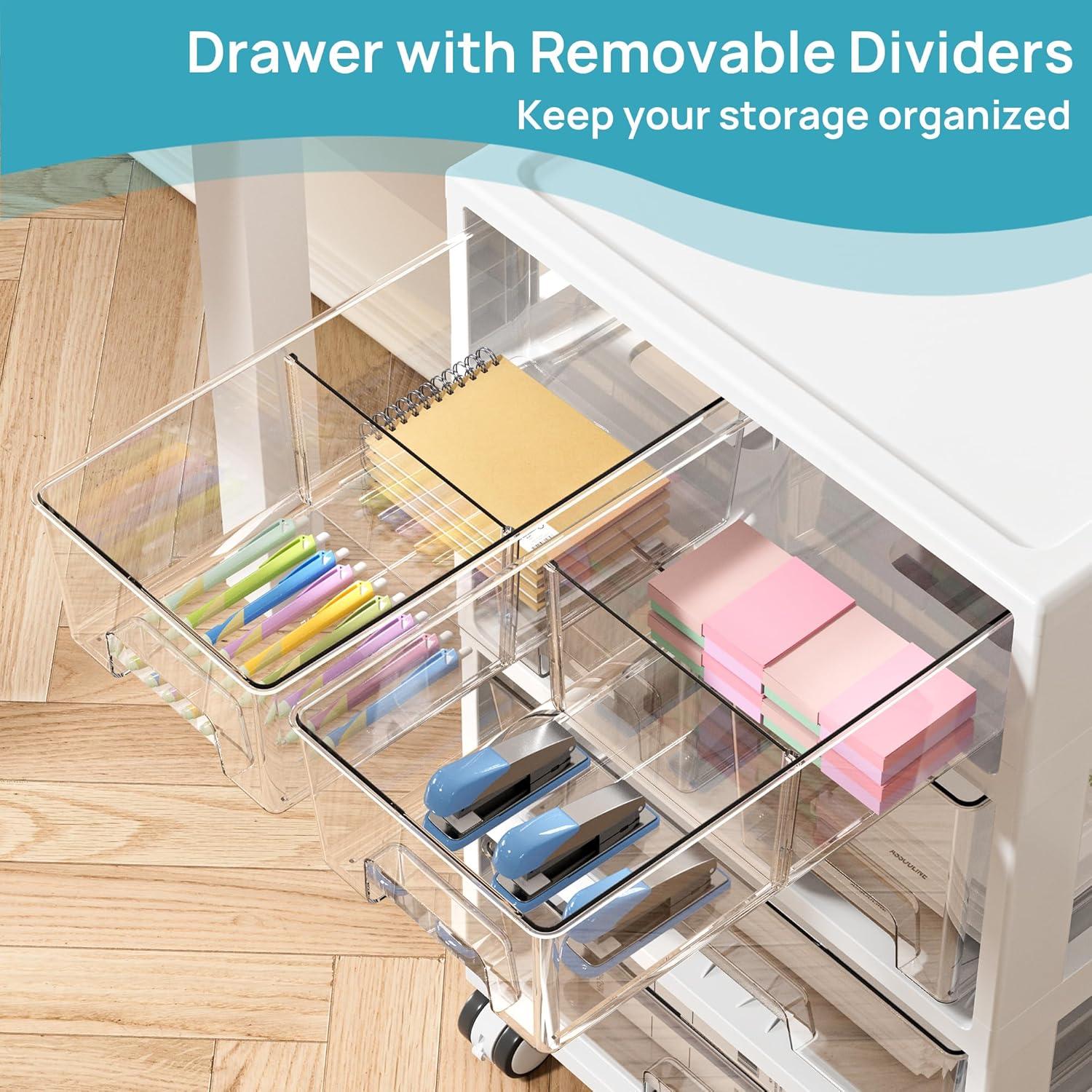 Vtopmart Plastic Drawer Storage Orangizer, 4 Tier 6 Drawers with Wheels for Office Supplies, Art Crafts, Under Desk Storage for Office, Bathroom, Dresser, 1 Pack/Clear