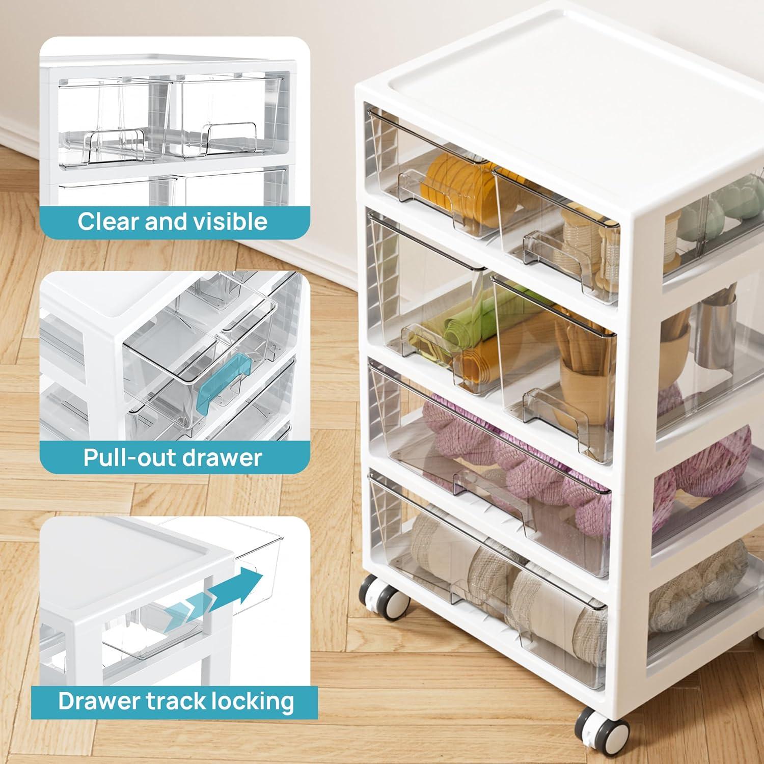 Vtopmart Plastic Drawer Storage Orangizer, 4 Tier 6 Drawers with Wheels for Office Supplies, Art Crafts, Under Desk Storage for Office, Bathroom, Dresser, 1 Pack/Clear