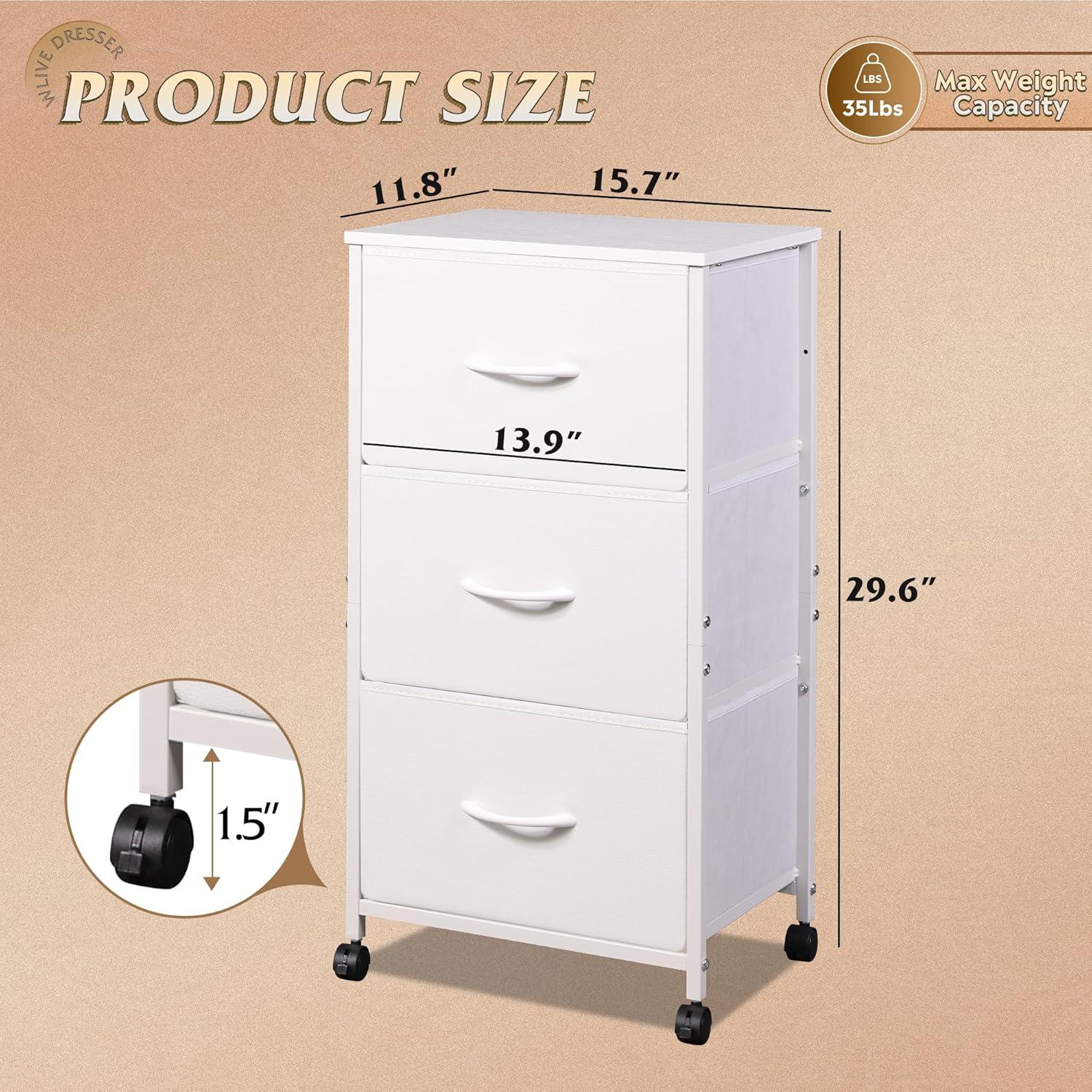 Cajonera WLIVE 3 Cajones con Ruedas, Blanco, 39.88x29.97x74.93 cm