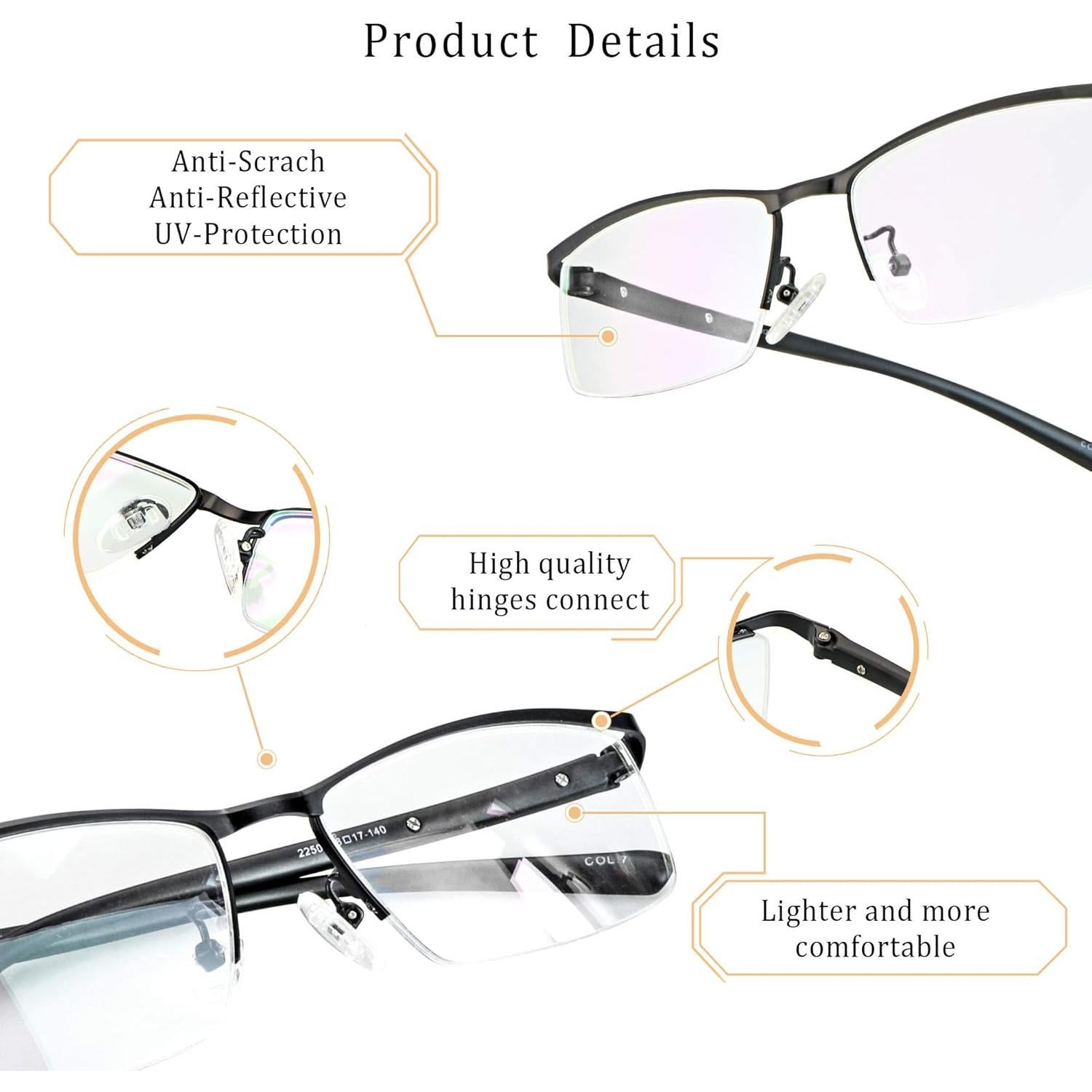 LifeArt Alloy Semi-Rimless Reading Glasses,Blue Light Blocking Glasses, Anti Eyestrain, Computer Gaming Glasses, TV Glasses for Women, Anti Glare (Black, +3.00 Magnification)