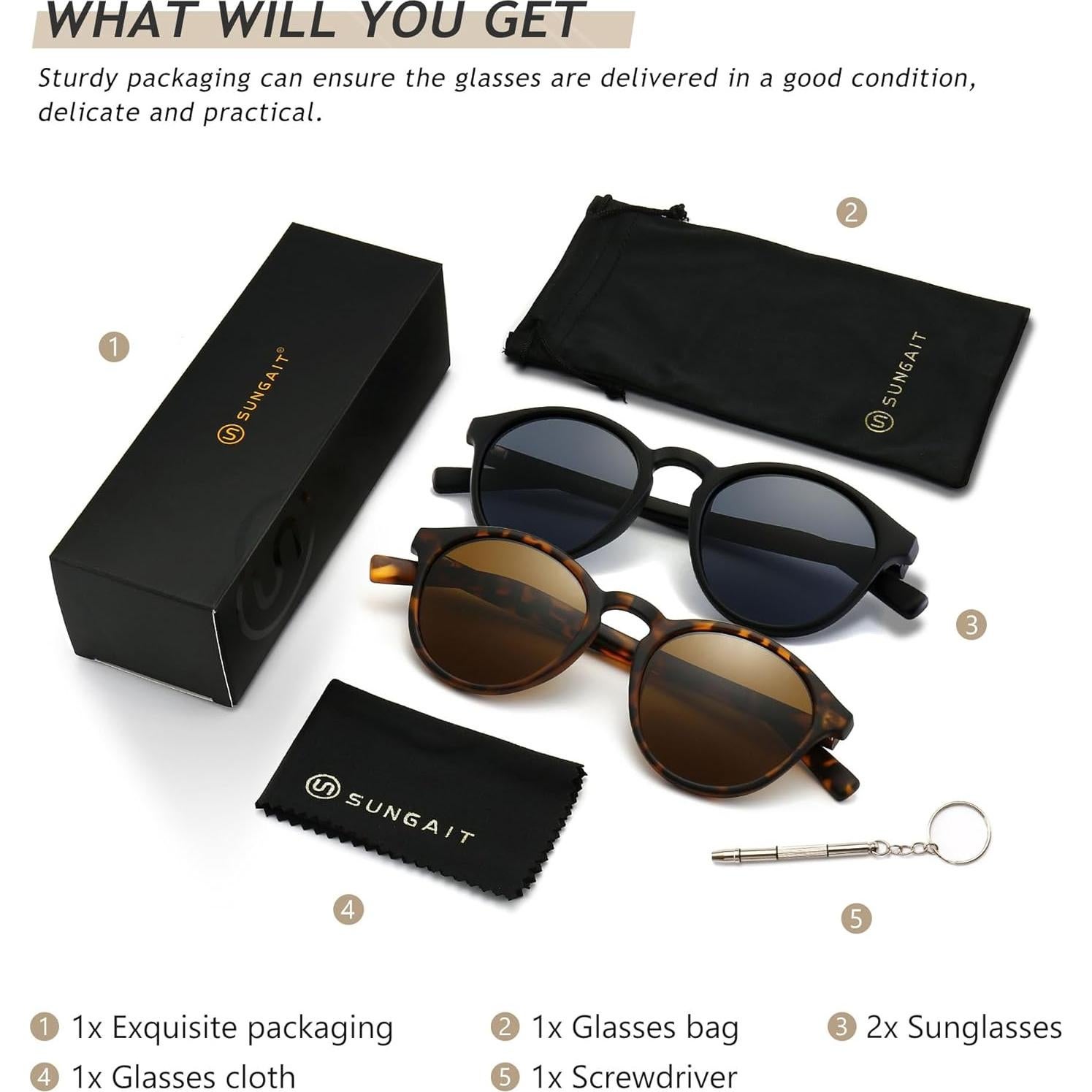 Gafas de Sol Polarizadas Redondas Sunggait UV400 - Paquete de 2