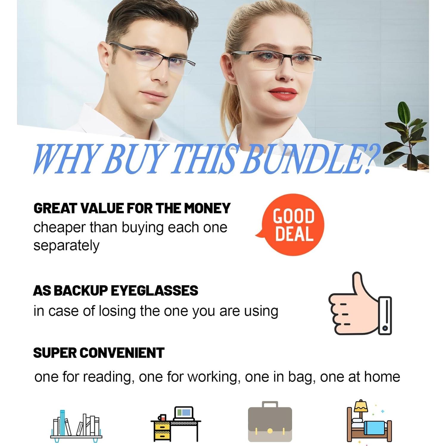 Paquete de 4 Gafas de Lectura Negras 1.0 Bloqueadoras Luz Azul